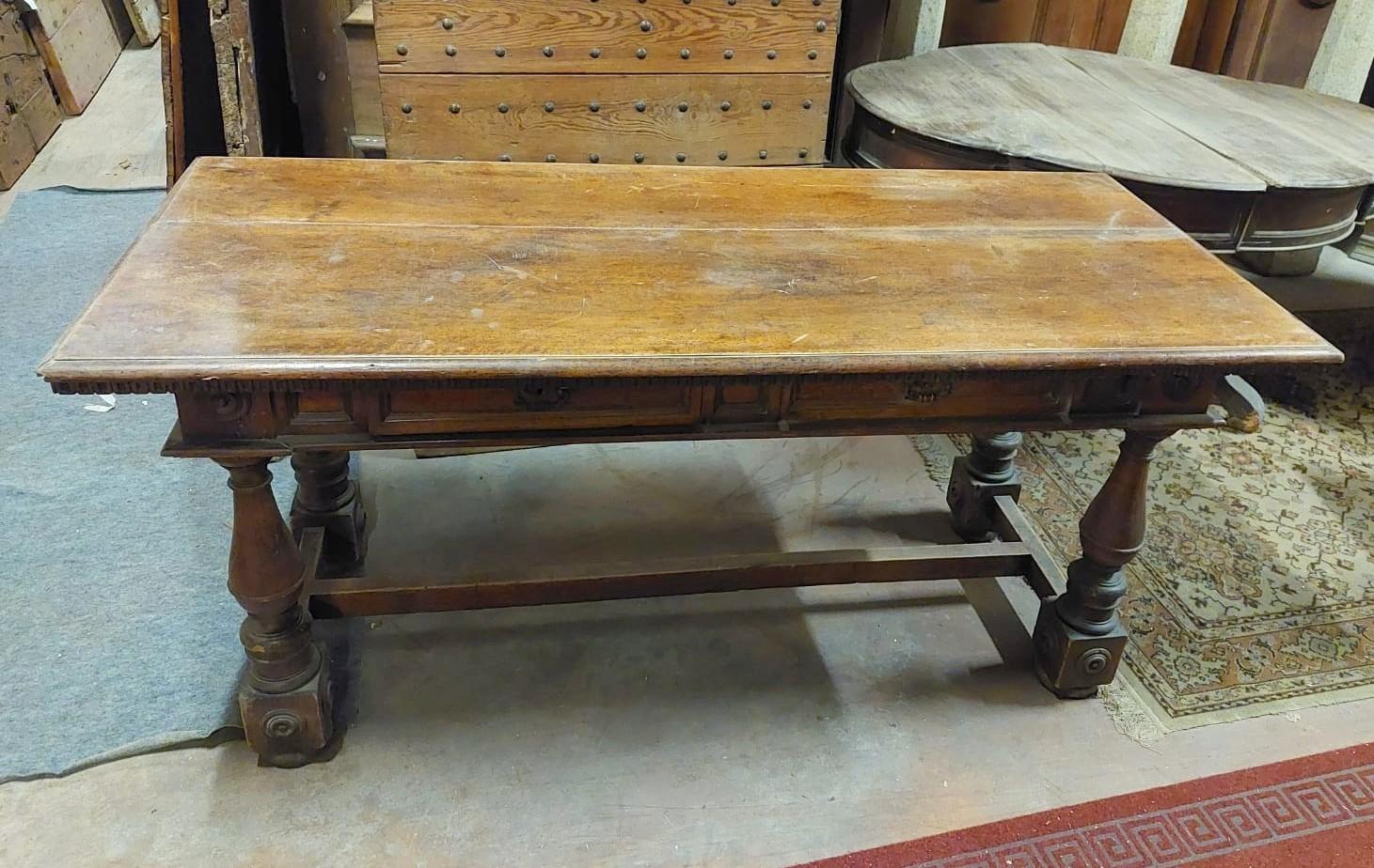 Hand-Carved Vintage Walnut Table with Drawers, First Quarter of the 20th Century, Italy For Sale