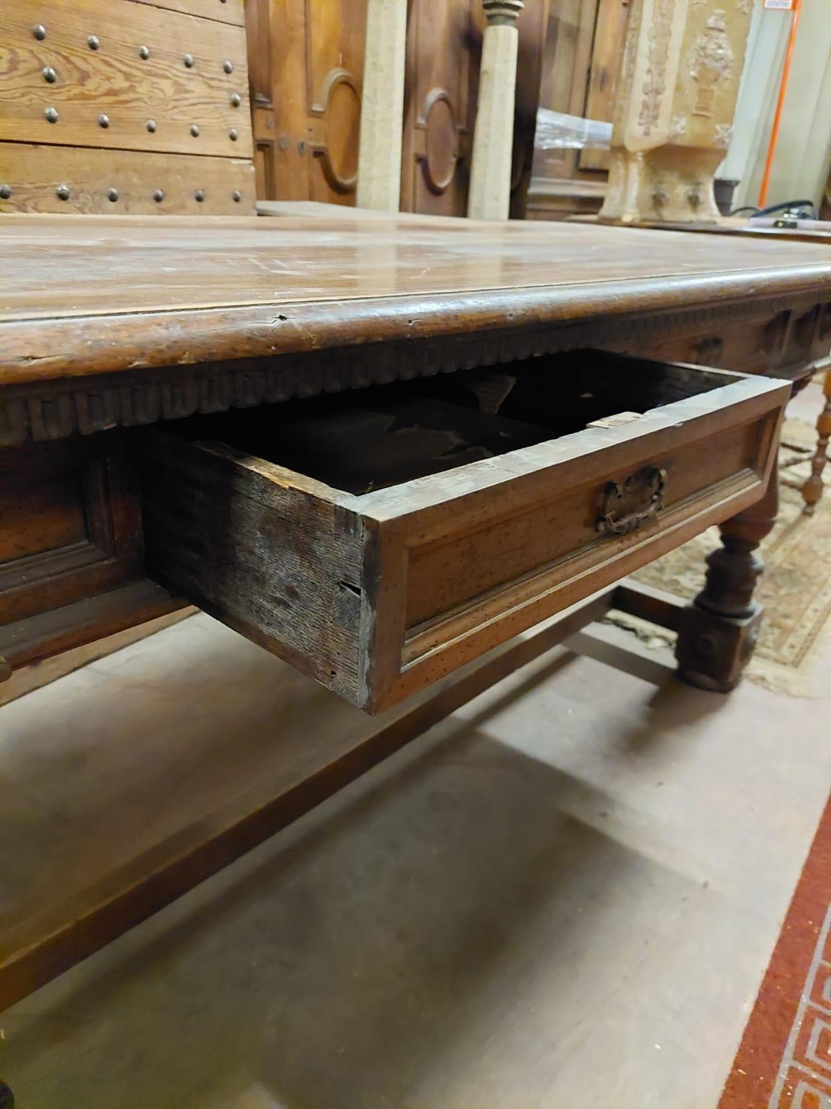 Hand-Carved Vintage Walnut Table with Drawers, First Quarter of the 20th Century, Italy For Sale