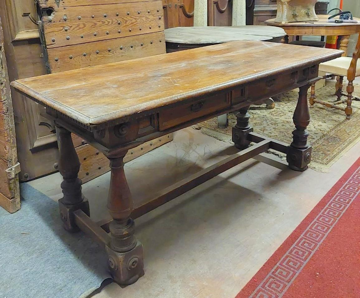 Vintage Walnut Table with Drawers, First Quarter of the 20th Century, Italy For Sale 3