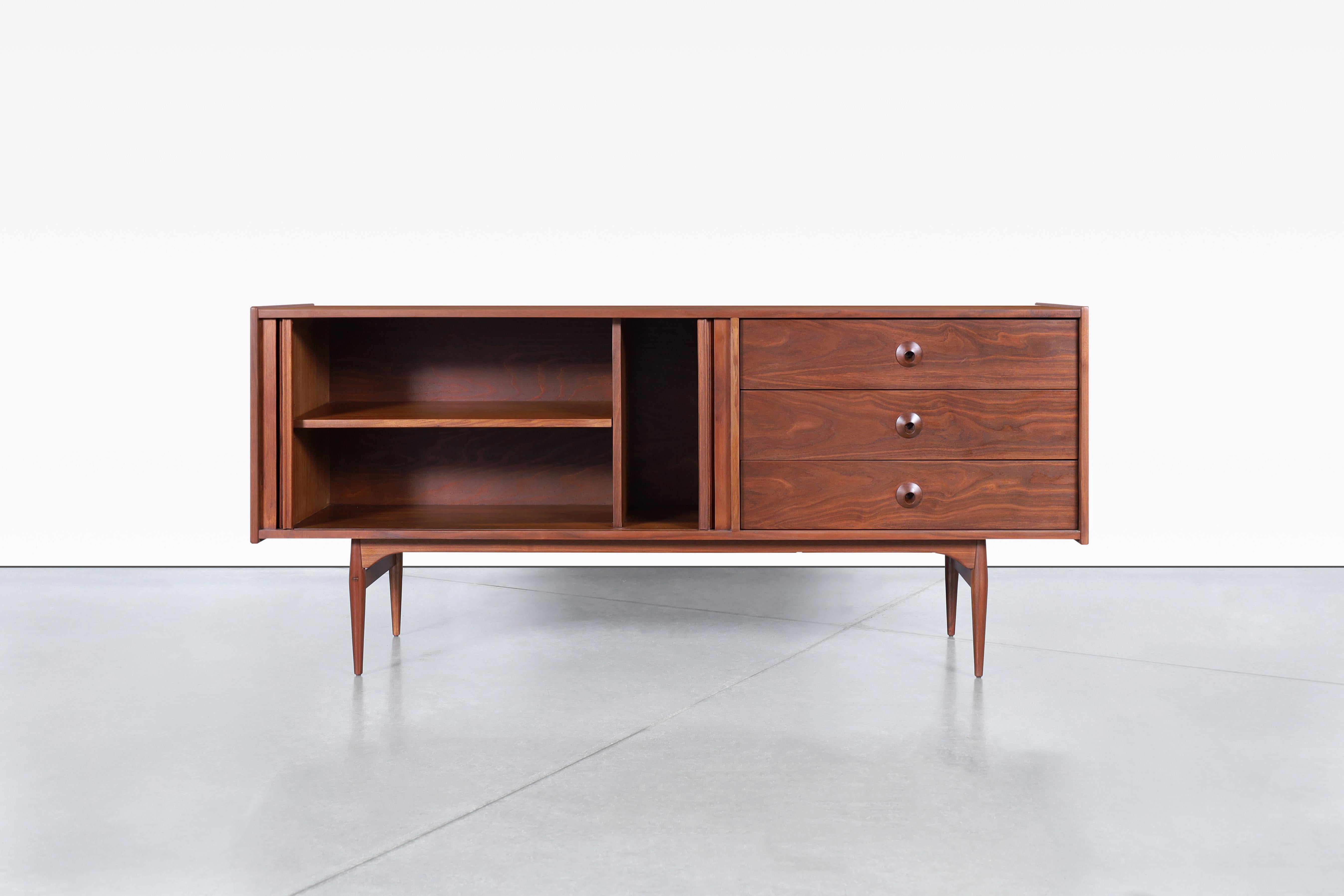 Mid-Century Modern Vintage Walnut Tambour Door Credenza by John Caldwell for Brown Saltman