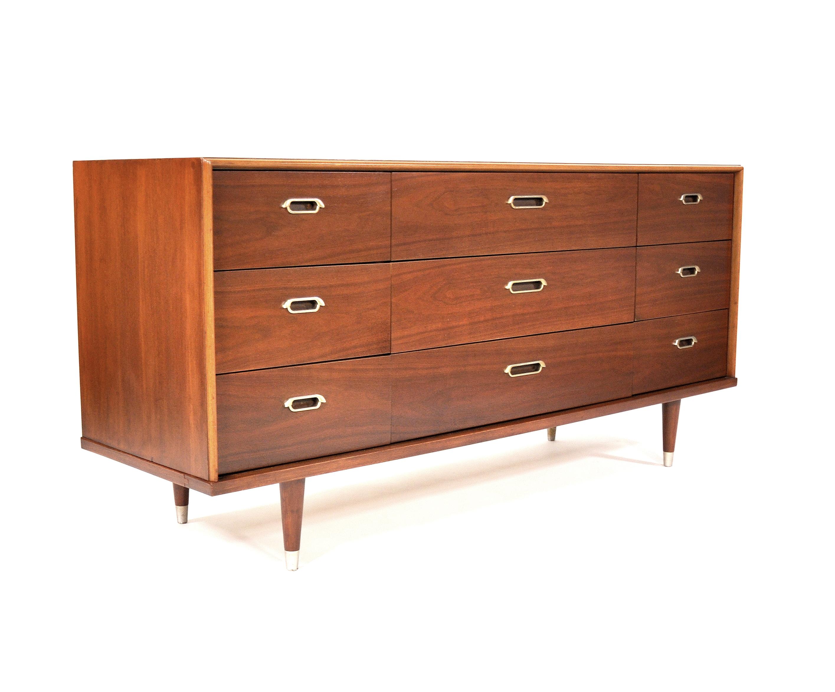 Vintage Walnut Triple Dresser by BP John, c. 1962 In Good Condition In Miami, FL