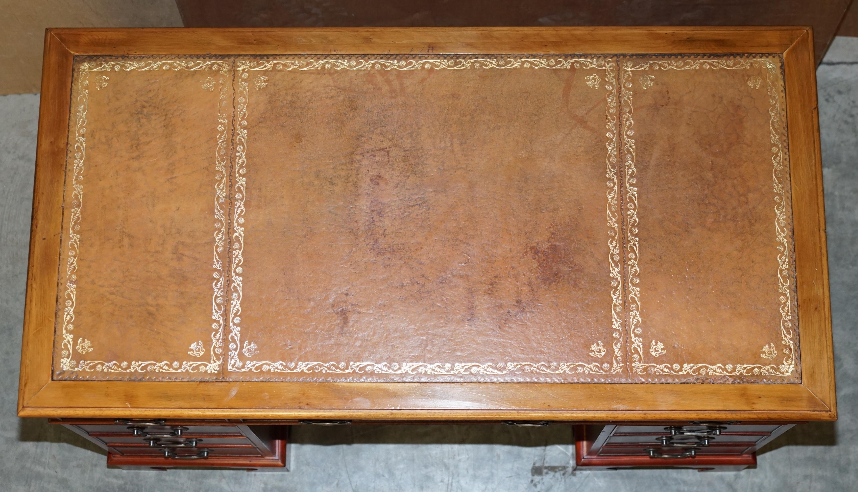 Vintage Walnut Twin Pedestal Partner Desk Tan Brown Leather Top Panelled Back For Sale 3