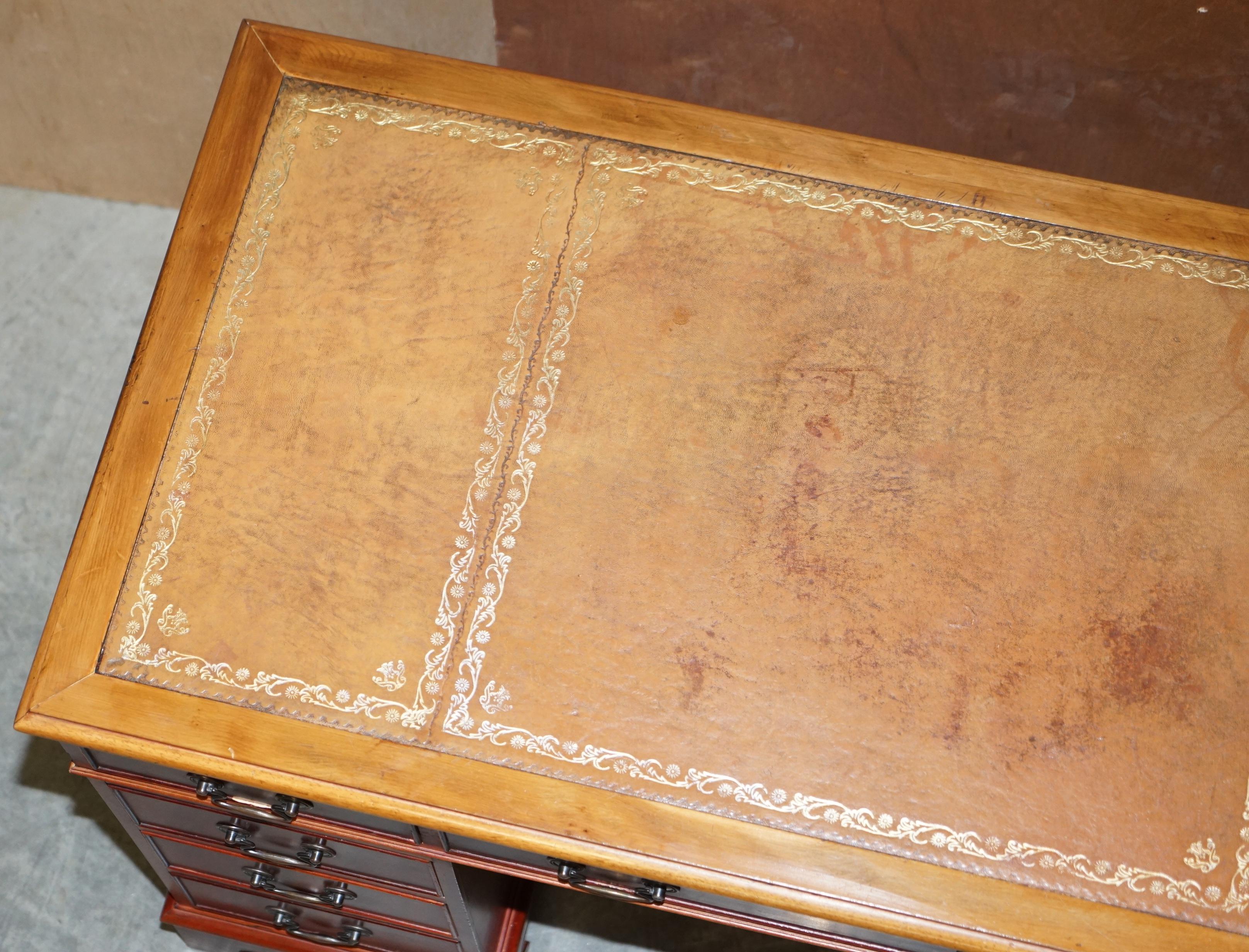 Vintage Walnut Twin Pedestal Partner Desk Tan Brown Leather Top Panelled Back For Sale 4