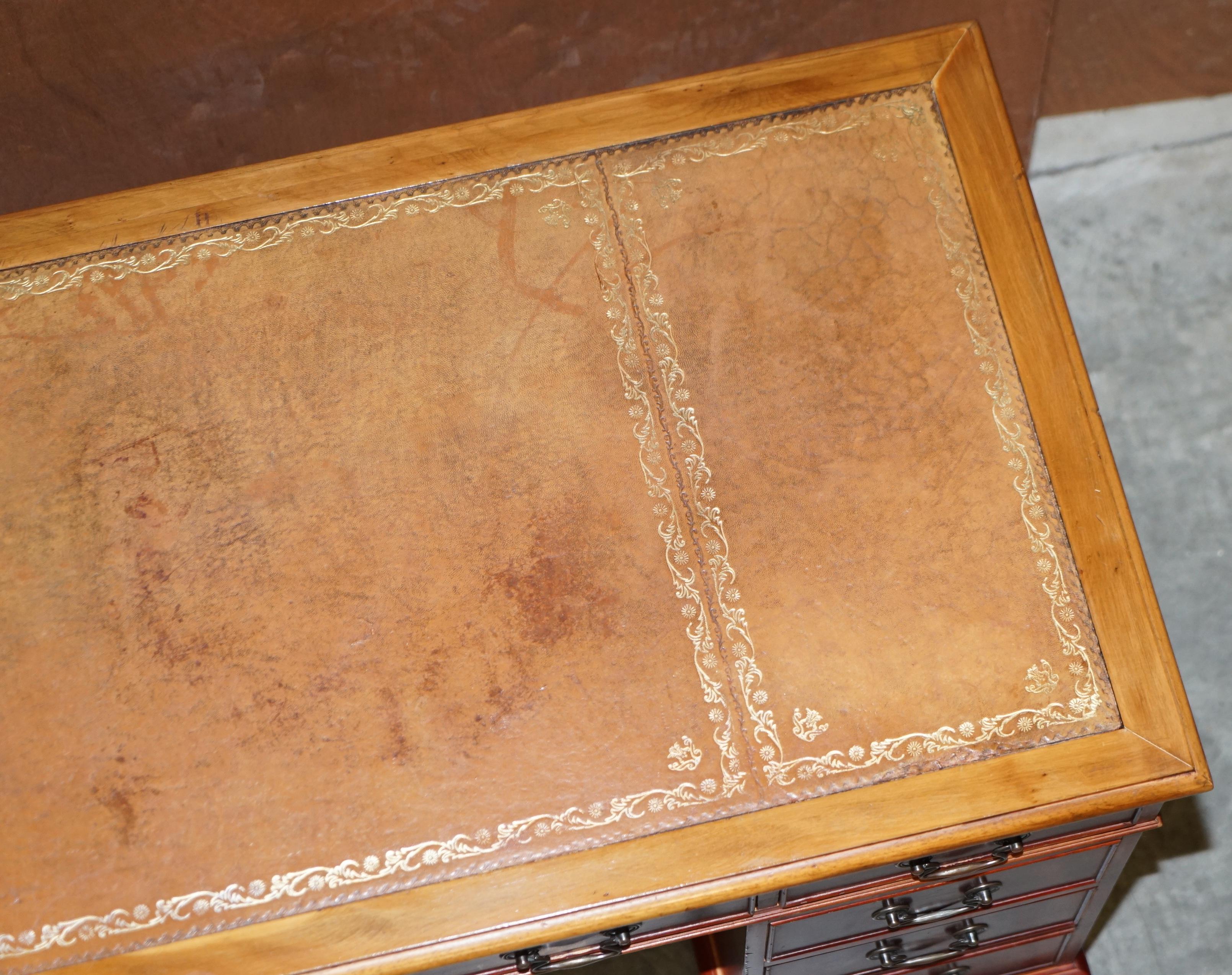 Vintage Walnut Twin Pedestal Partner Desk Tan Brown Leather Top Panelled Back For Sale 6