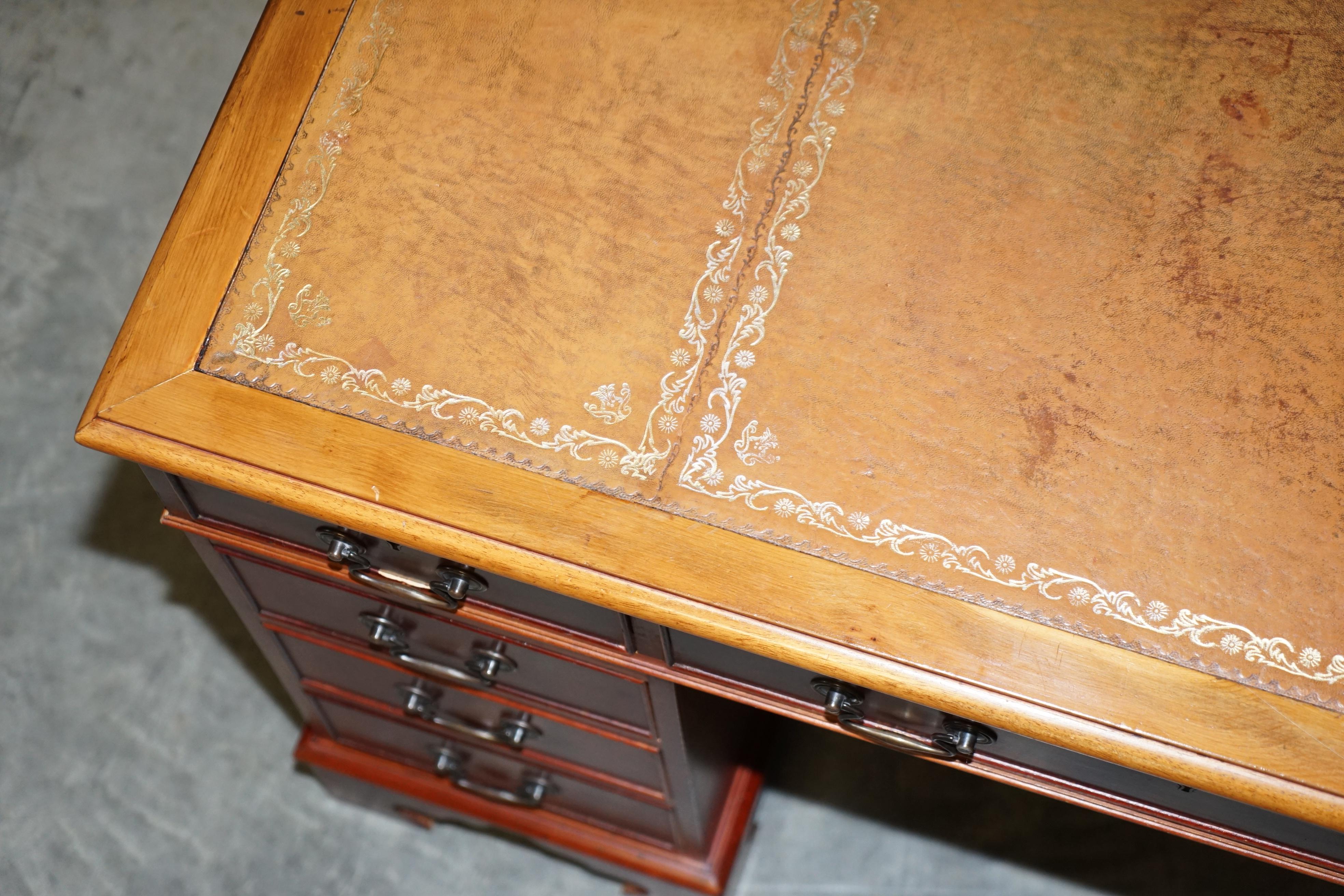 Vintage Walnut Twin Pedestal Partner Desk Tan Brown Leather Top Panelled Back For Sale 7