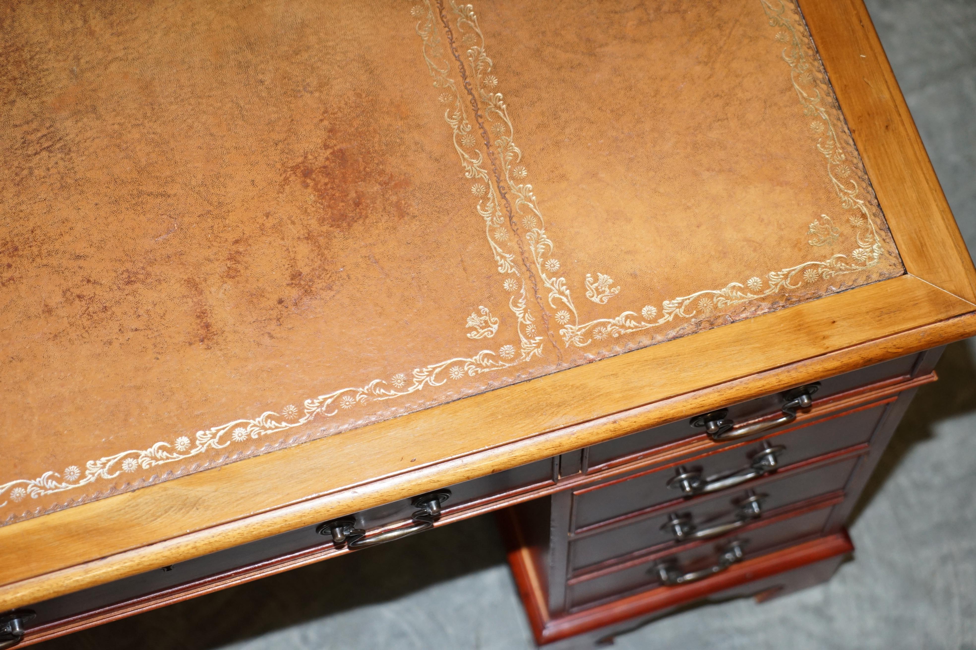 Vintage Walnut Twin Pedestal Partner Desk Tan Brown Leather Top Panelled Back For Sale 8