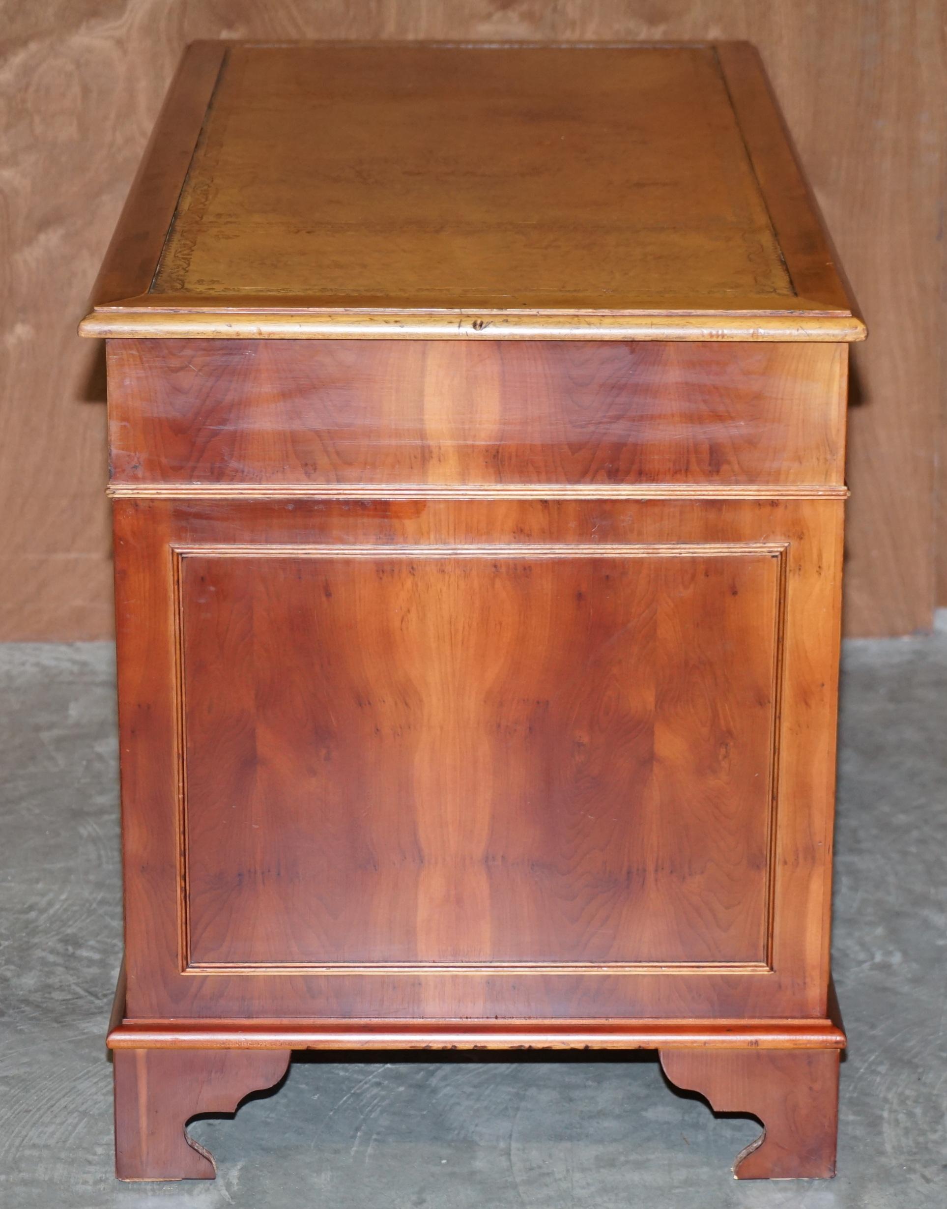 Vintage Walnut Twin Pedestal Partner Desk Tan Brown Leather Top Panelled Back For Sale 9