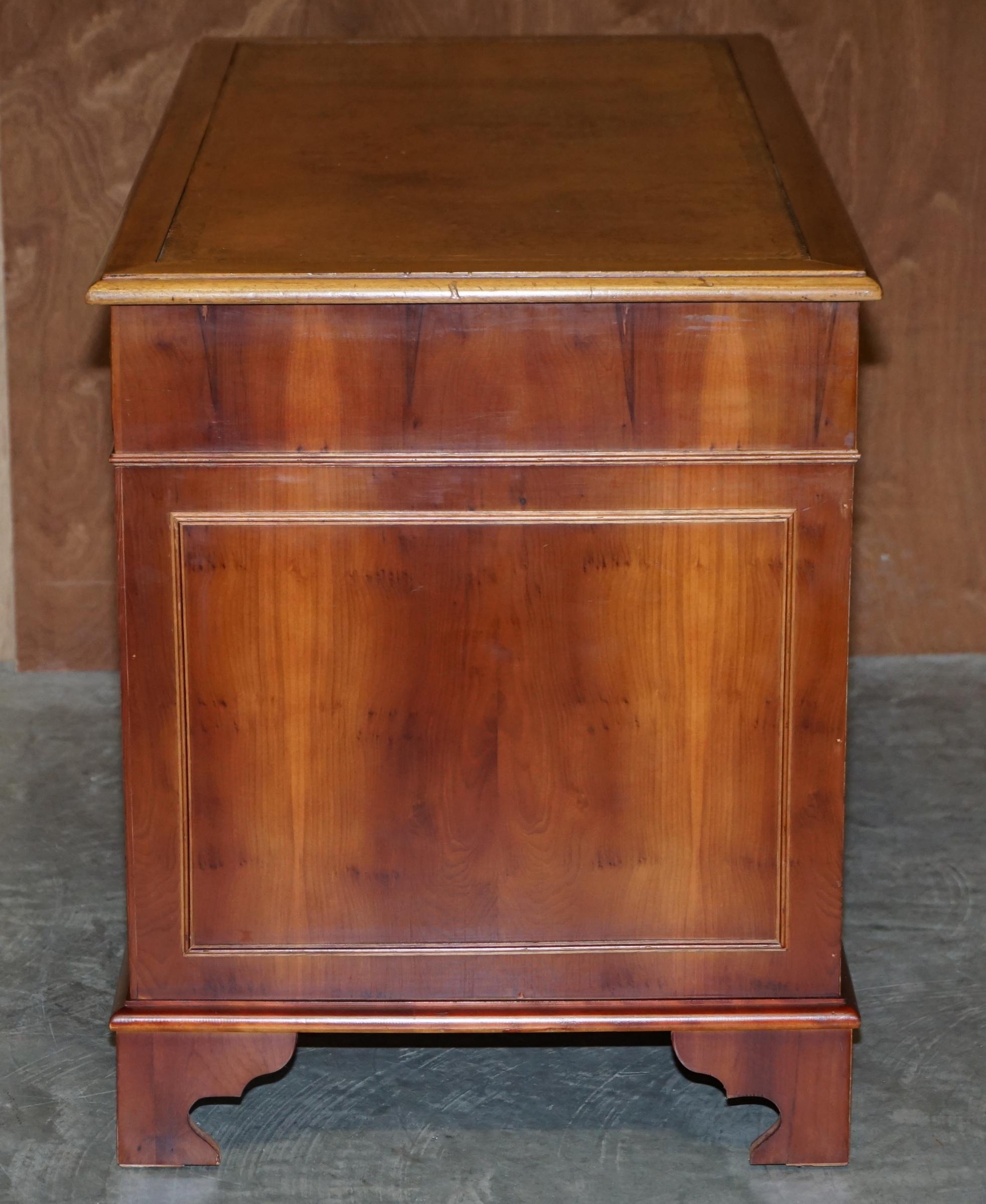 Vintage Walnut Twin Pedestal Partner Desk Tan Brown Leather Top Panelled Back For Sale 11