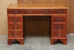 Vintage Walnut Twin Pedestal Partner Desk Tan Brown Leather Top Panelled Back