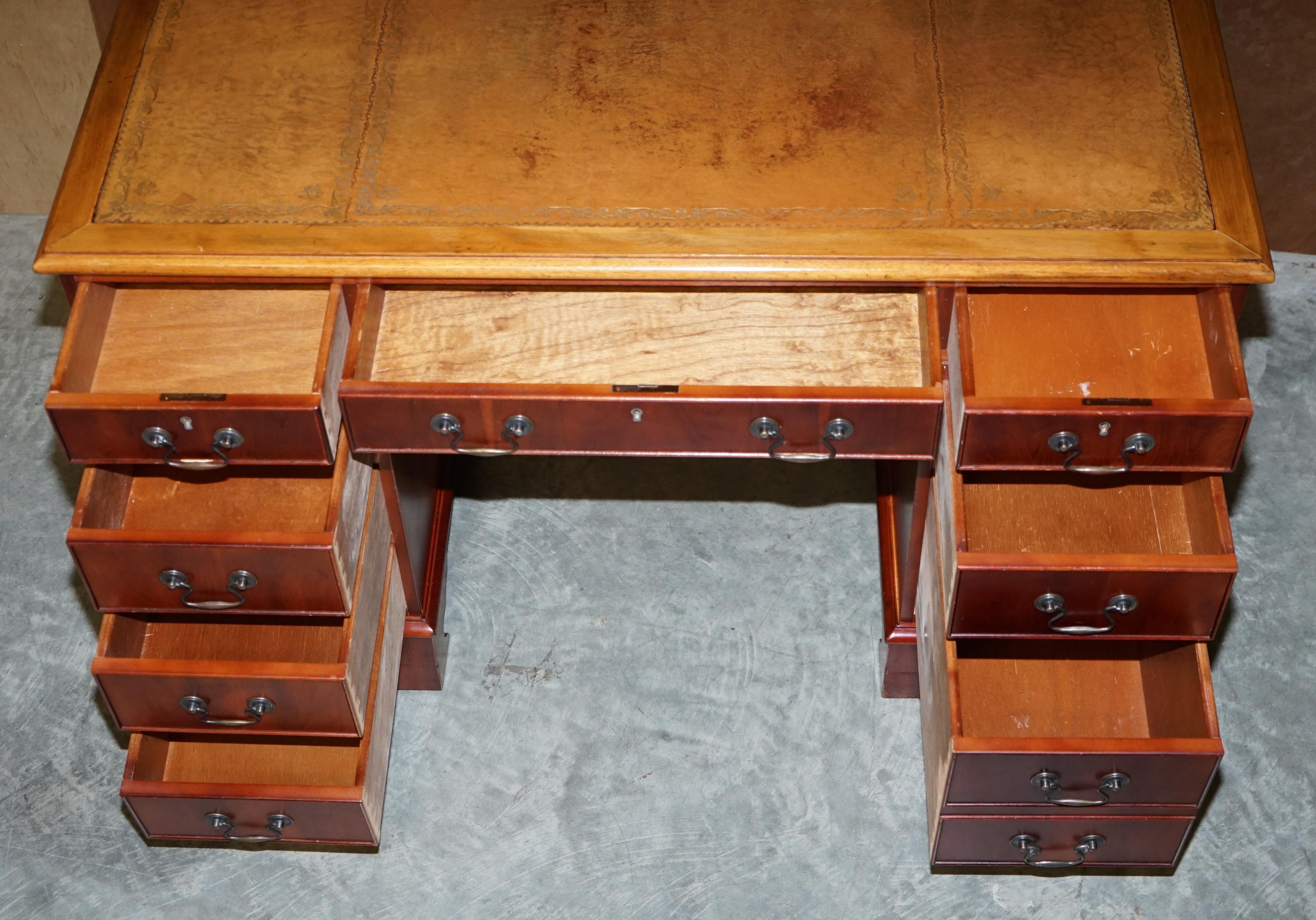 Vintage Walnut Twin Pedestal Partner Desk Tan Brown Leather Top Panelled Back For Sale 13