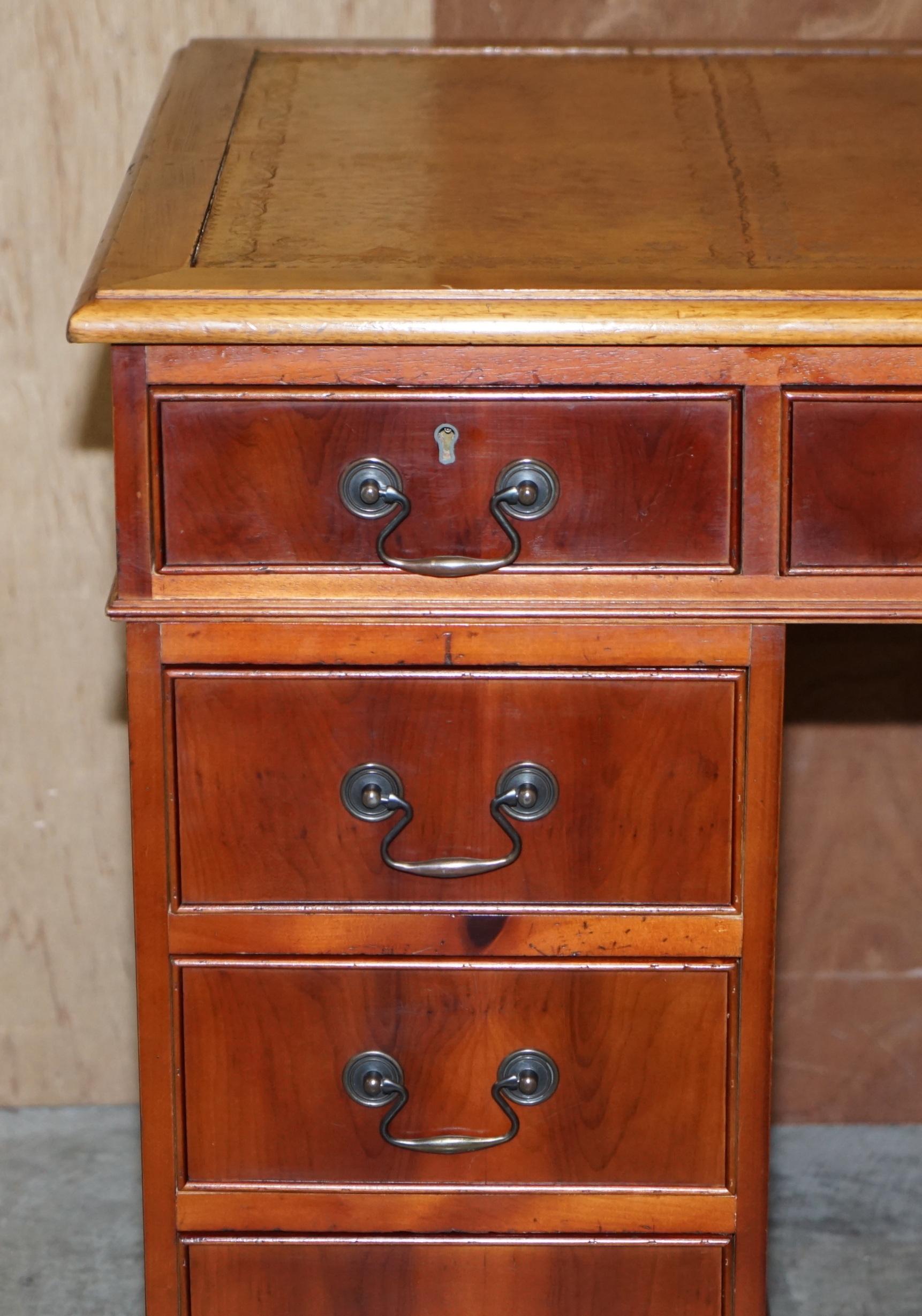 Victorian Vintage Walnut Twin Pedestal Partner Desk Tan Brown Leather Top Panelled Back For Sale