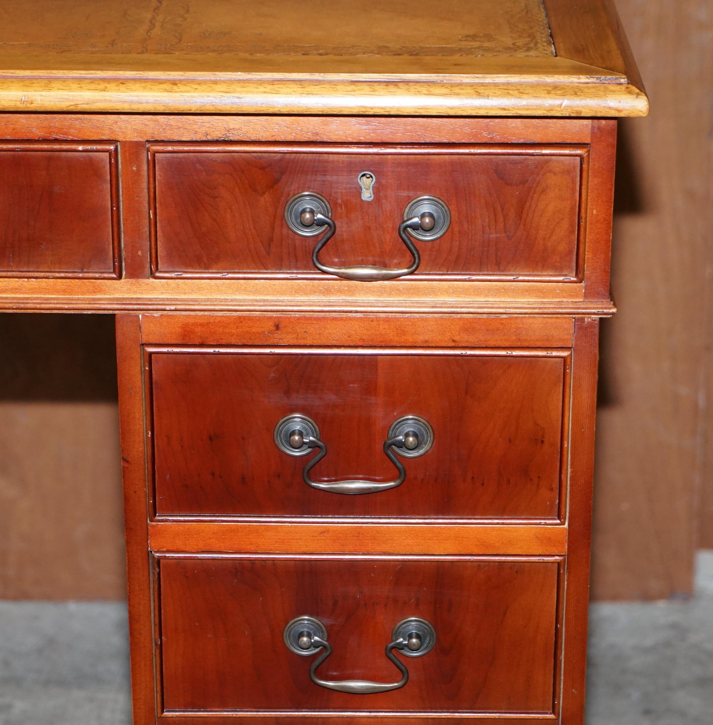 Vintage Walnut Twin Pedestal Partner Desk Tan Brown Leather Top Panelled Back For Sale 1