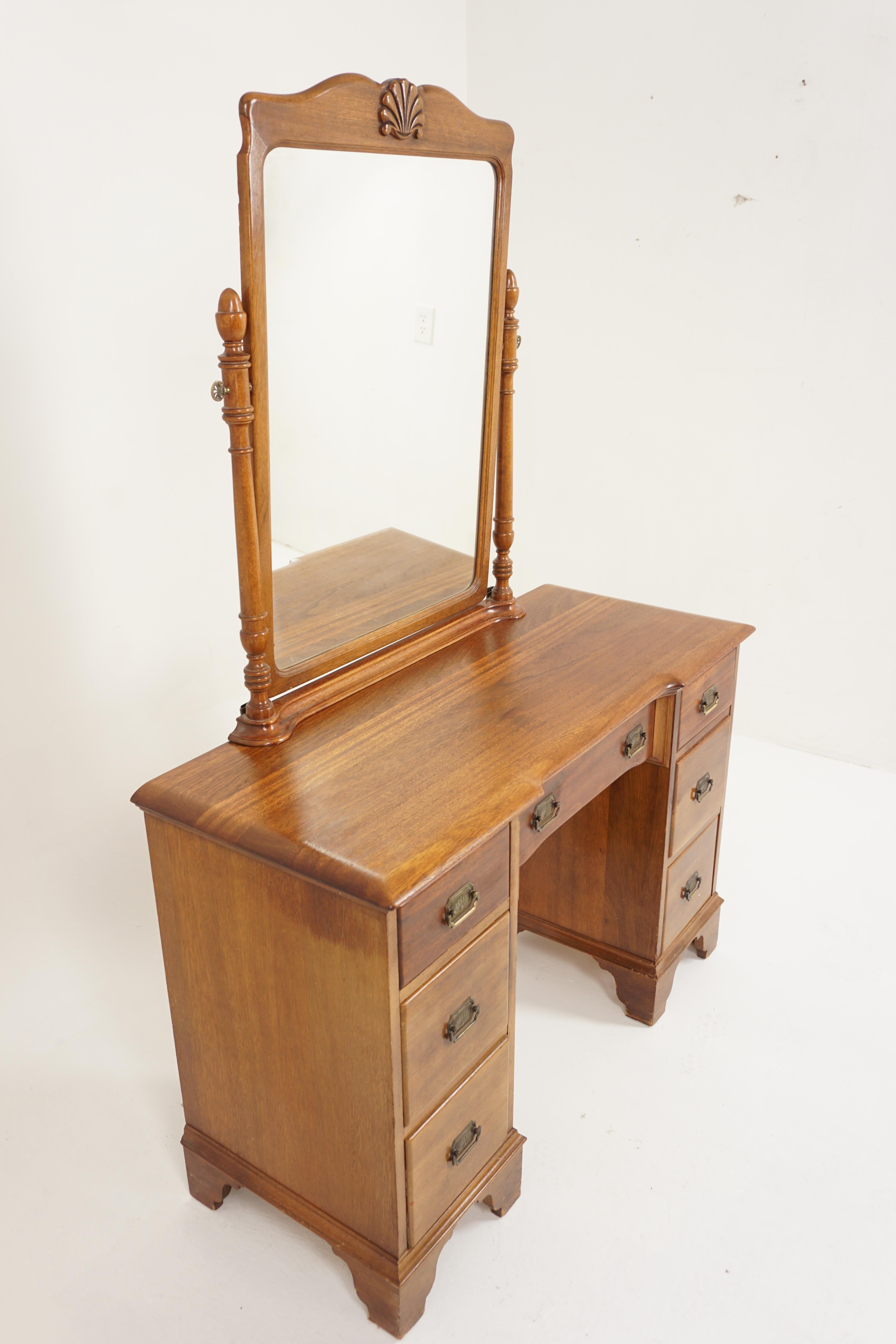 Canadian Vintage Walnut Vanity, Dresser with Mirror, Canada 1930, H937