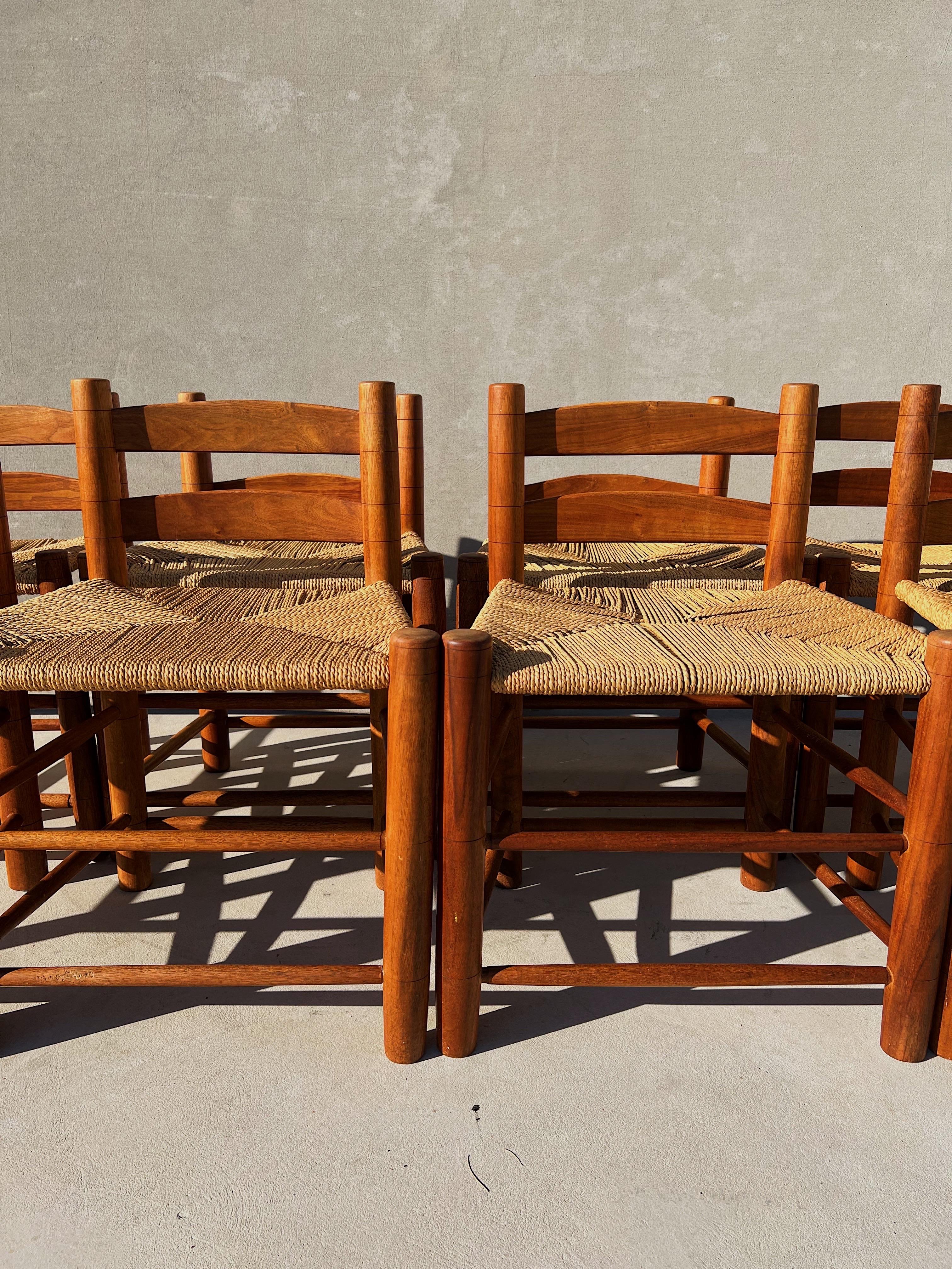 20th Century Vintage Walnut Wood & Woven Seats Dining Chairs, Set of 8