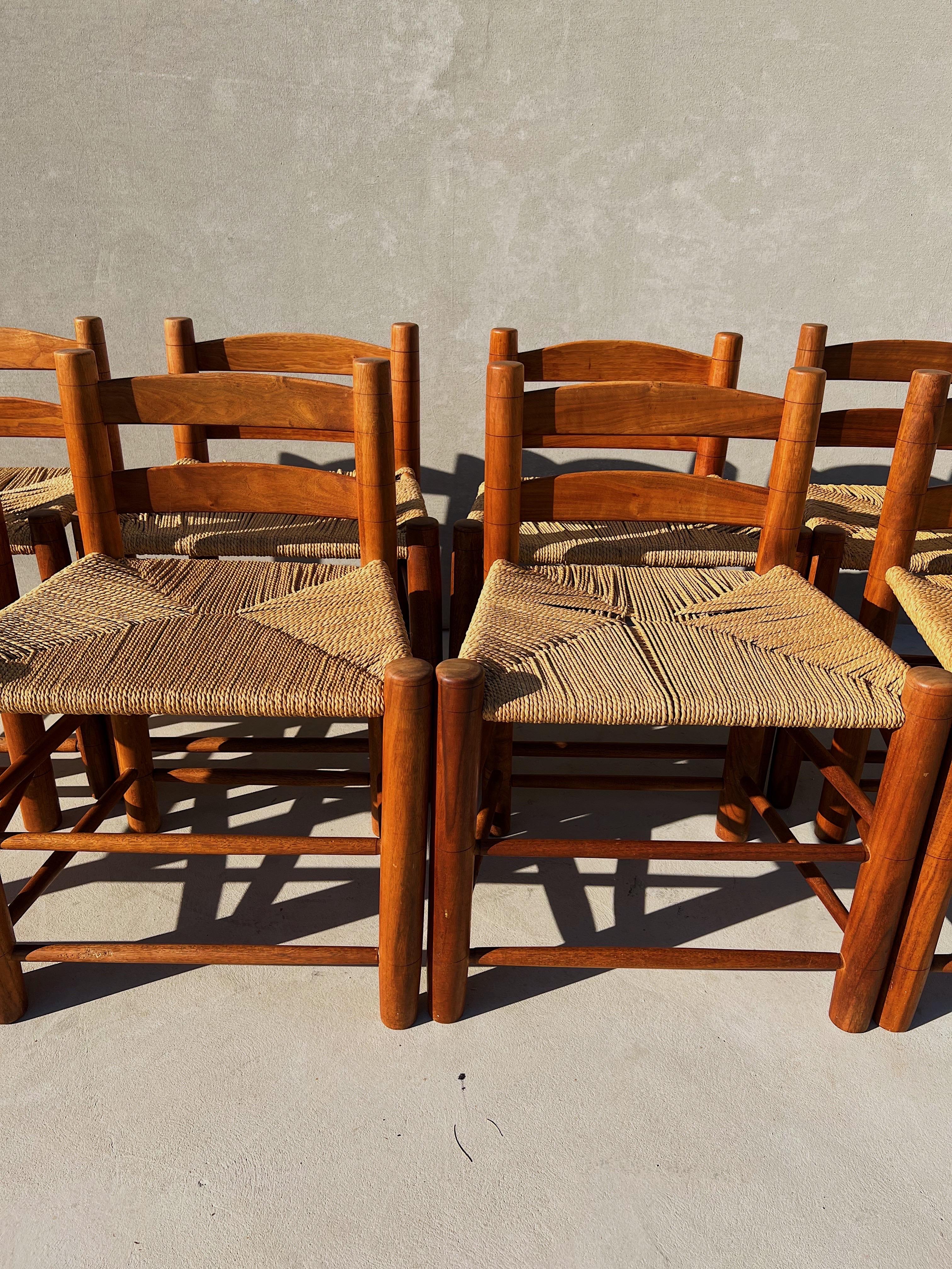 Rush Vintage Walnut Wood & Woven Seats Dining Chairs, Set of 8