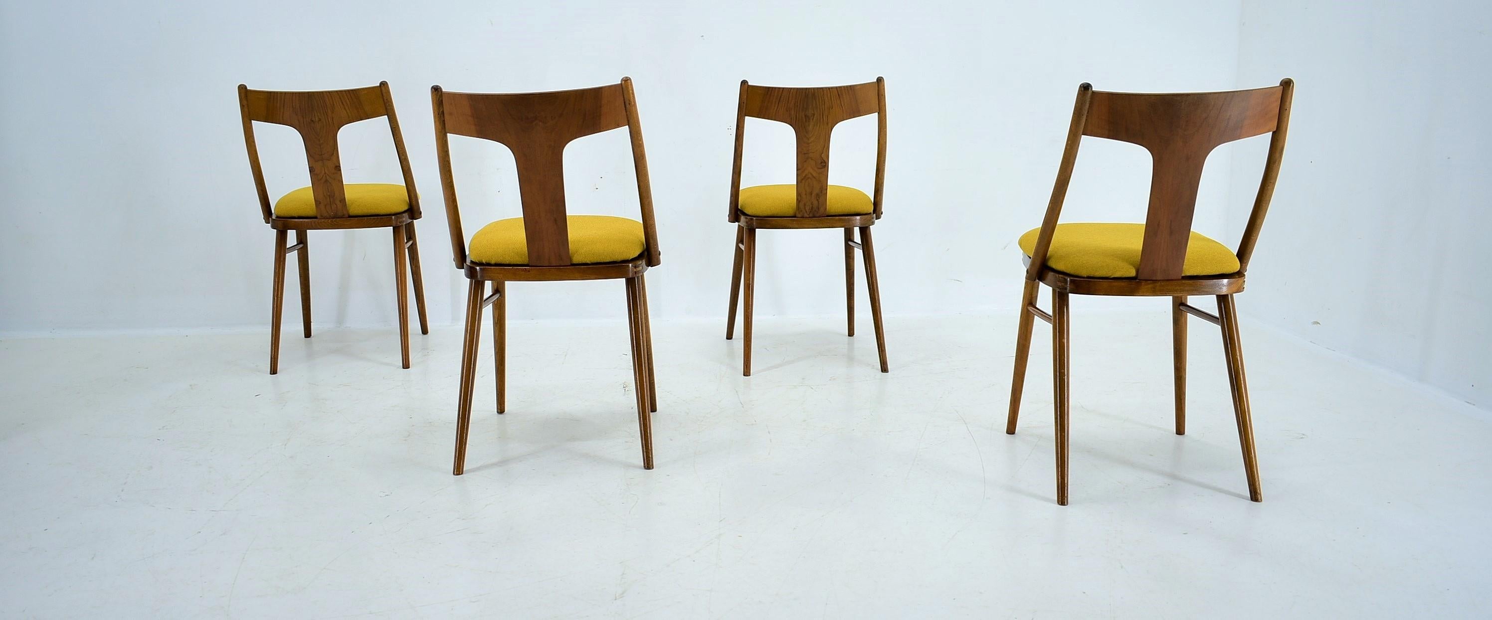 Vintage Walnut & Yellow Fabric Chairs by Mier, Czech, 1960s, Set of 4 For Sale 6