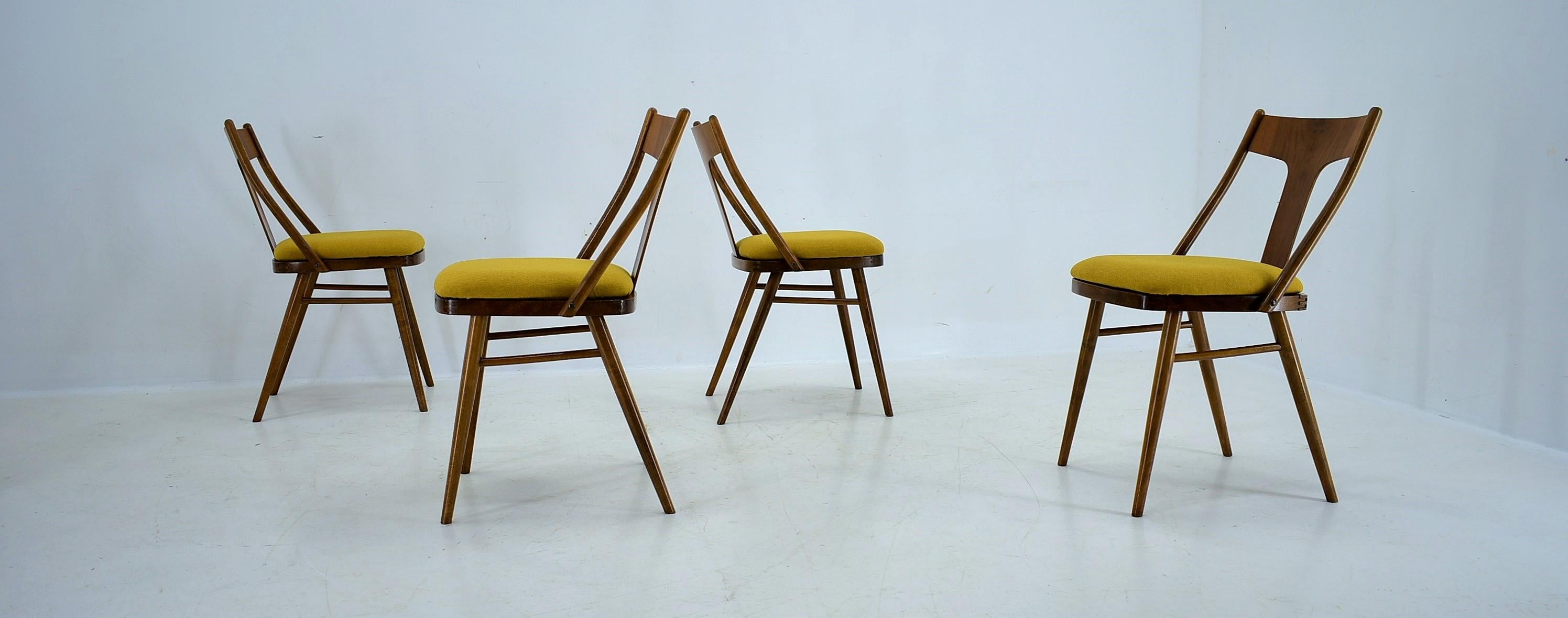 Vintage Walnut & Yellow Fabric Chairs by Mier, Czech, 1960s, Set of 4 For Sale 9