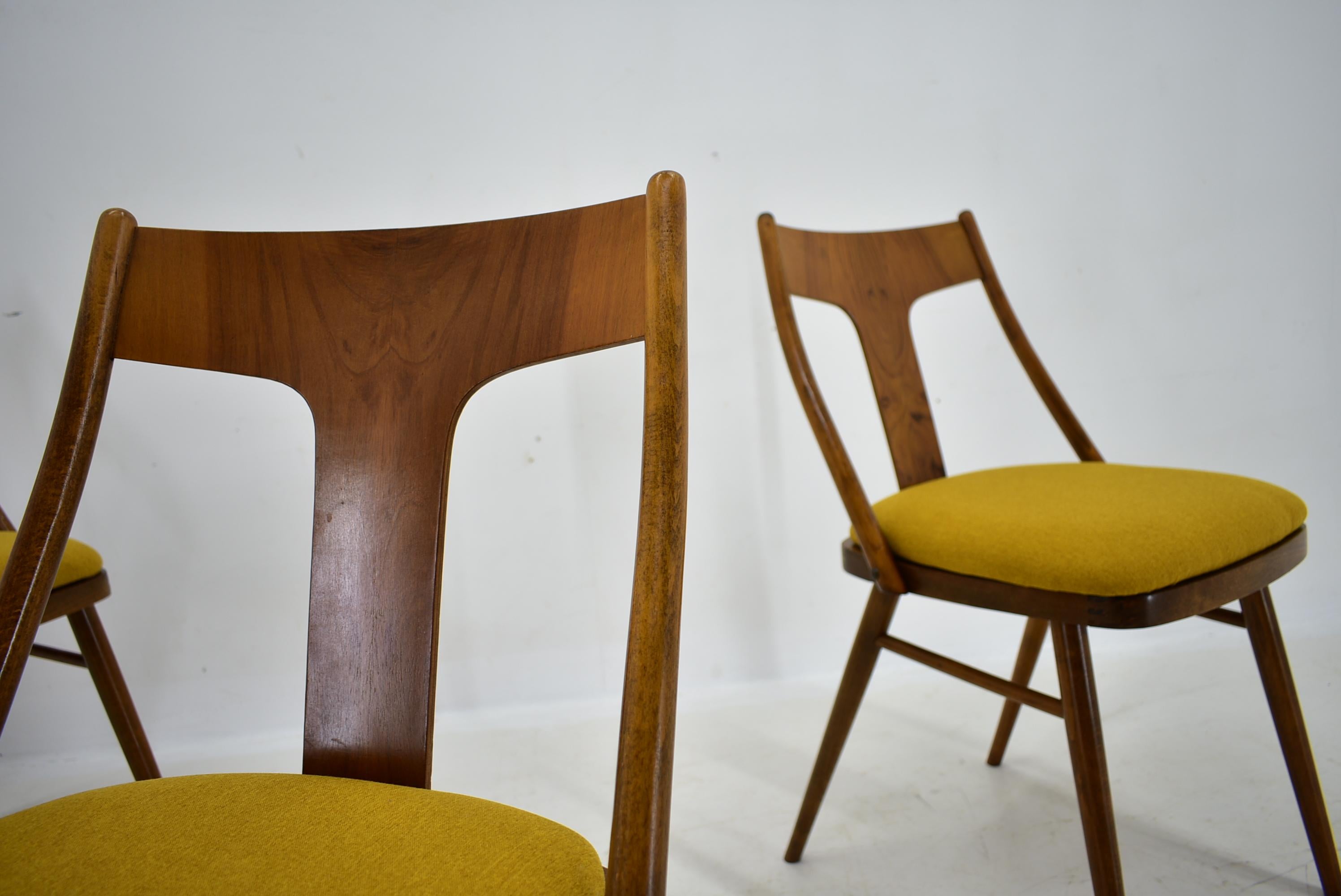 Vintage Walnut & Yellow Fabric Chairs by Mier, Czech, 1960s, Set of 4 For Sale 10