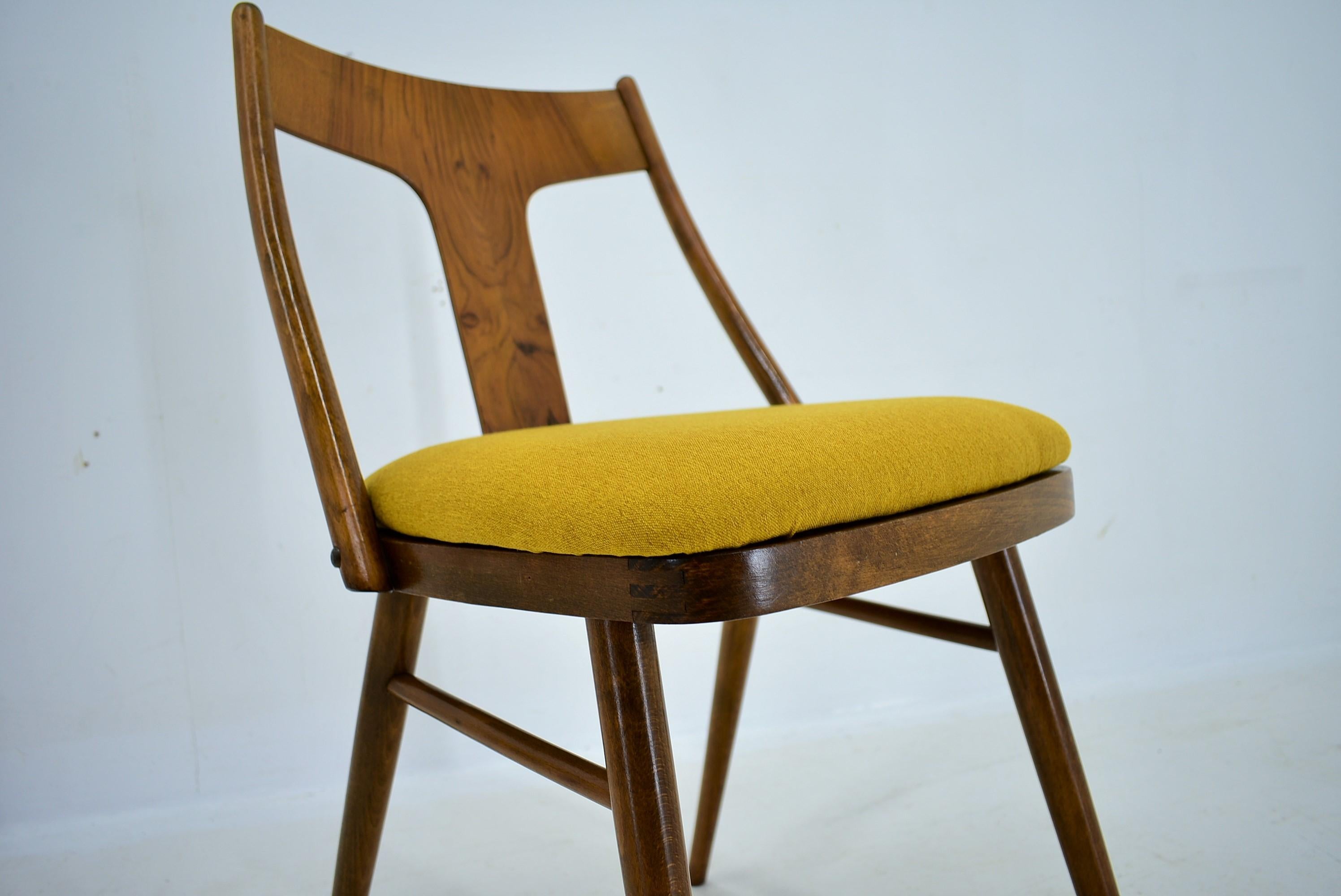 Vintage Walnut & Yellow Fabric Chairs by Mier, Czech, 1960s, Set of 4 For Sale 11