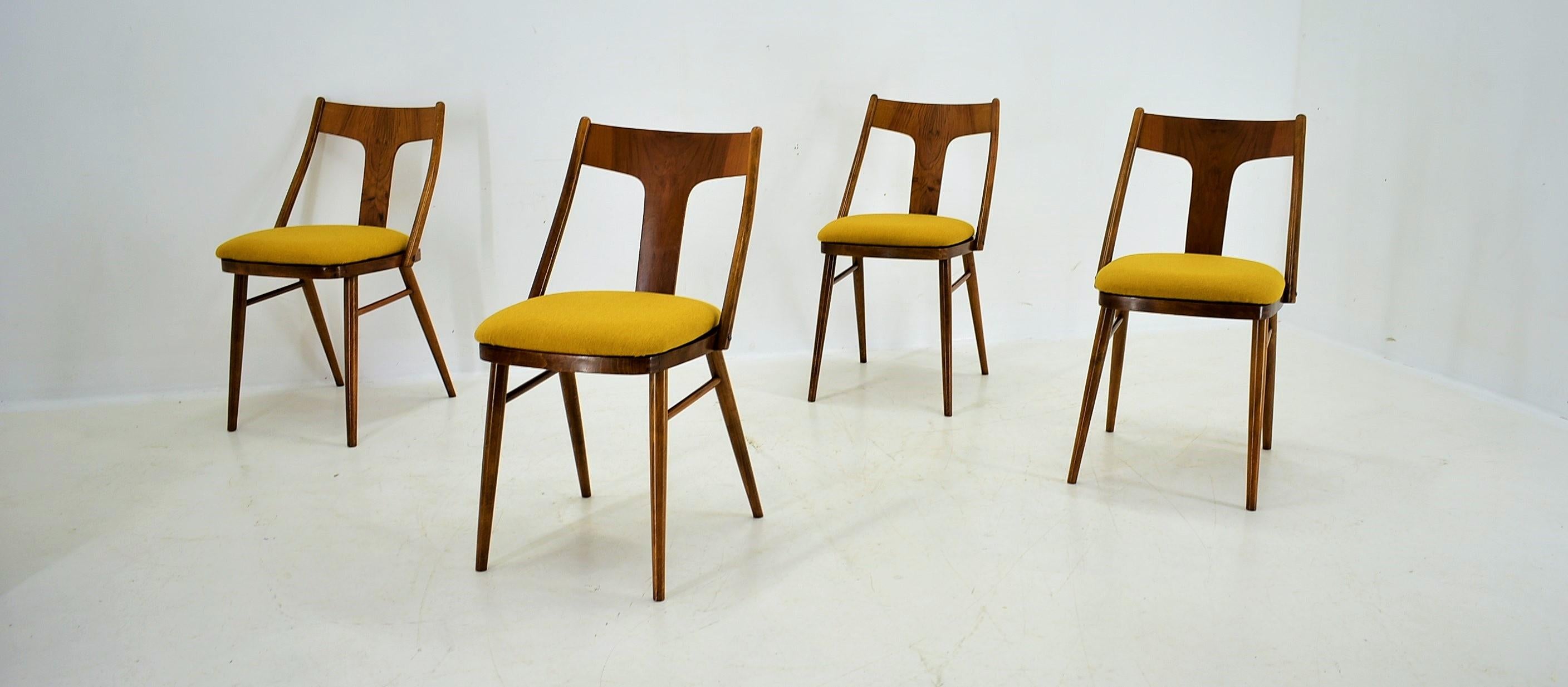 Mid-Century Modern Vintage Walnut & Yellow Fabric Chairs by Mier, Czech, 1960s, Set of 4 For Sale