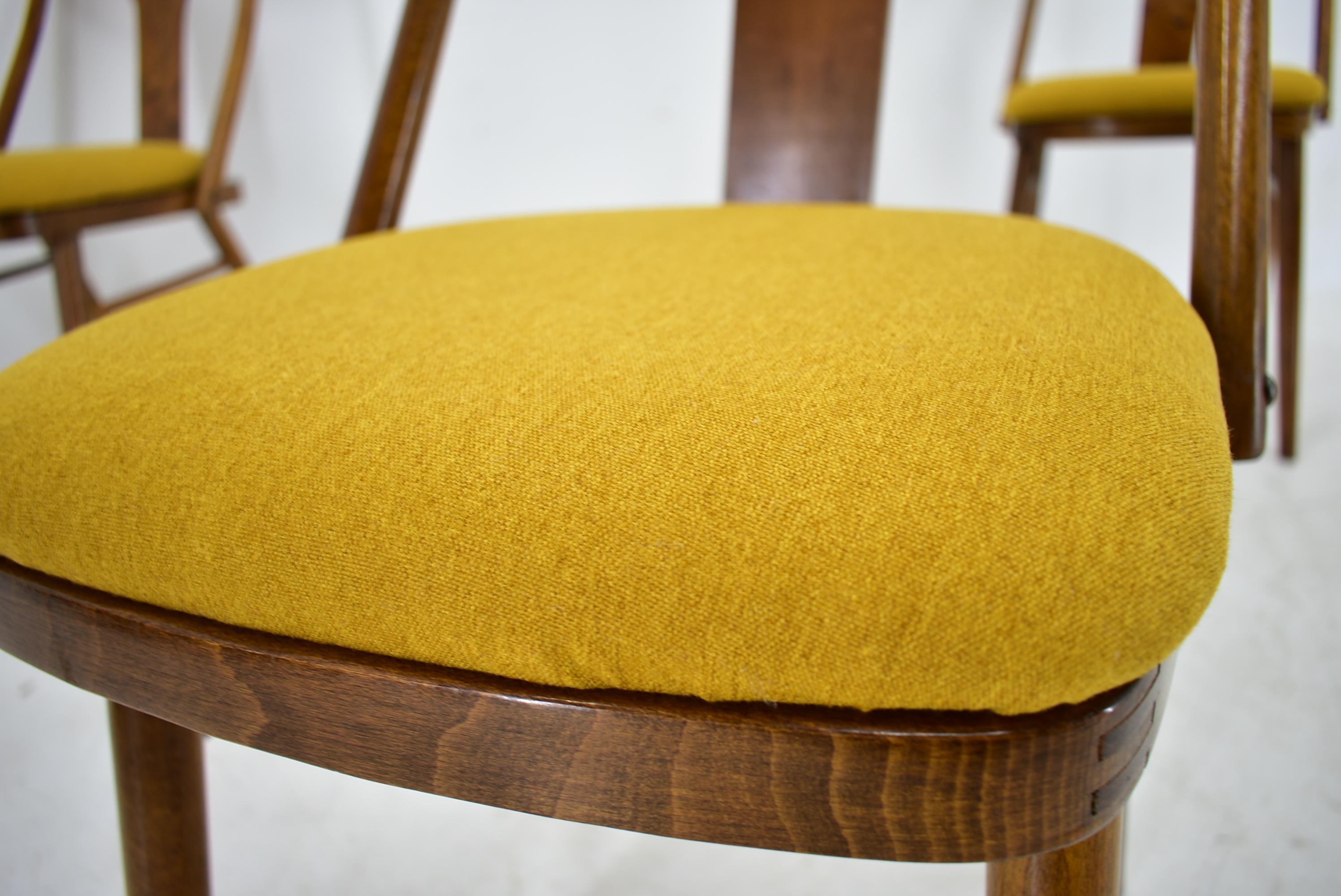 Mid-20th Century Vintage Walnut & Yellow Fabric Chairs by Mier, Czech, 1960s, Set of 4 For Sale