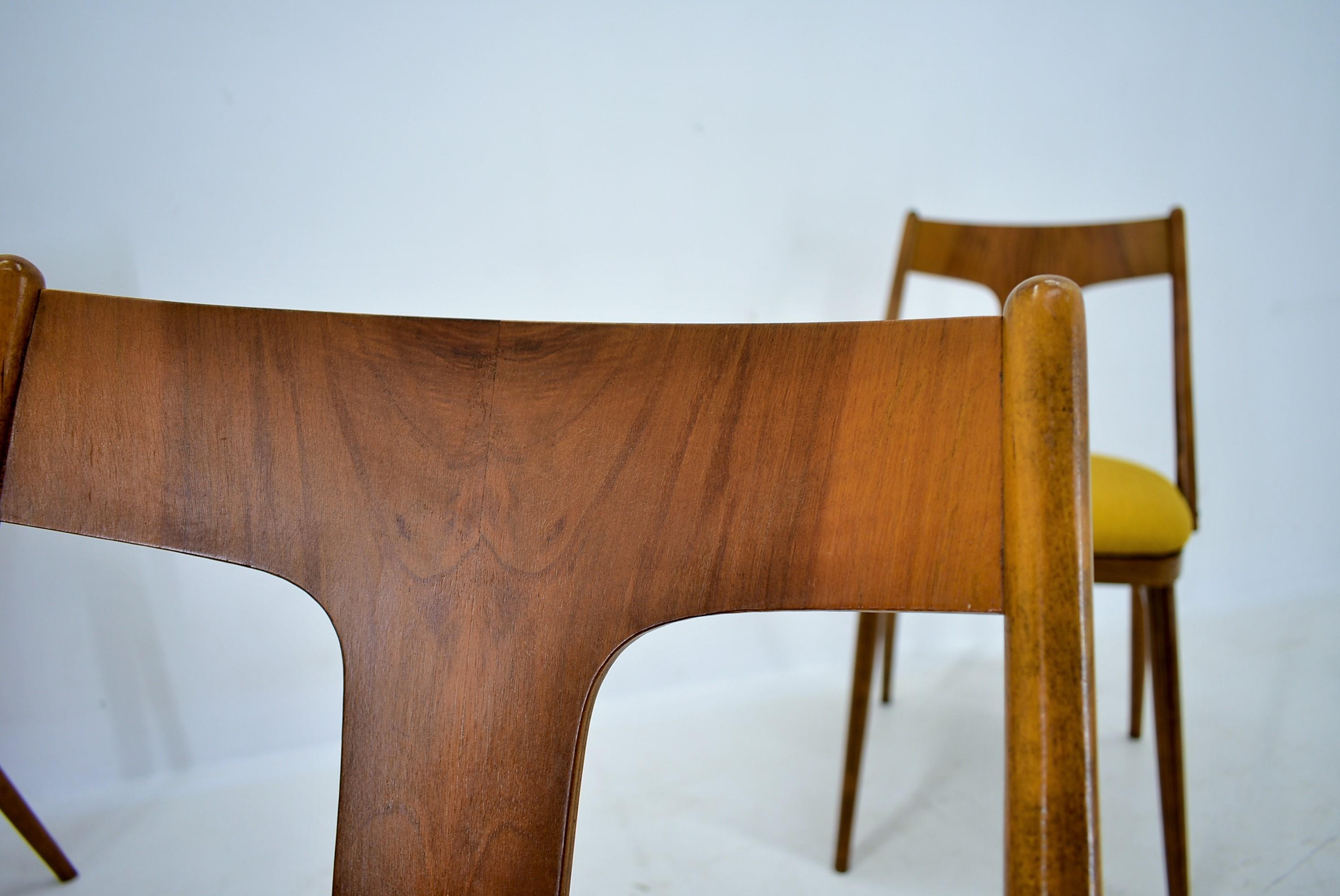 Vintage-Stühle aus Nussbaumholz und gelbem Stoff von Mier, Tschechisch, 1960er Jahre, 4er Jahre, Set im Angebot 1