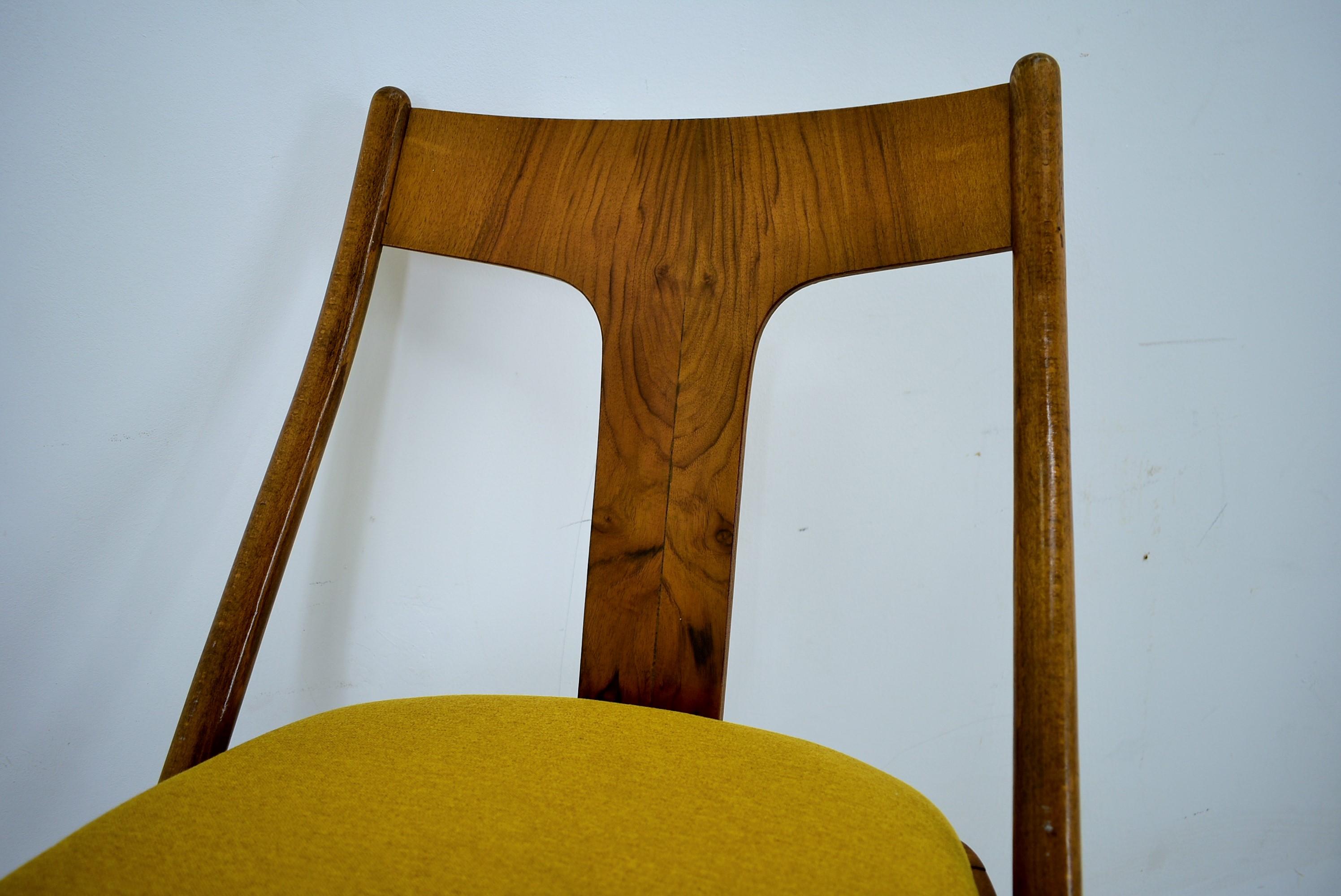Vintage Walnut & Yellow Fabric Chairs by Mier, Czech, 1960s, Set of 4 For Sale 2