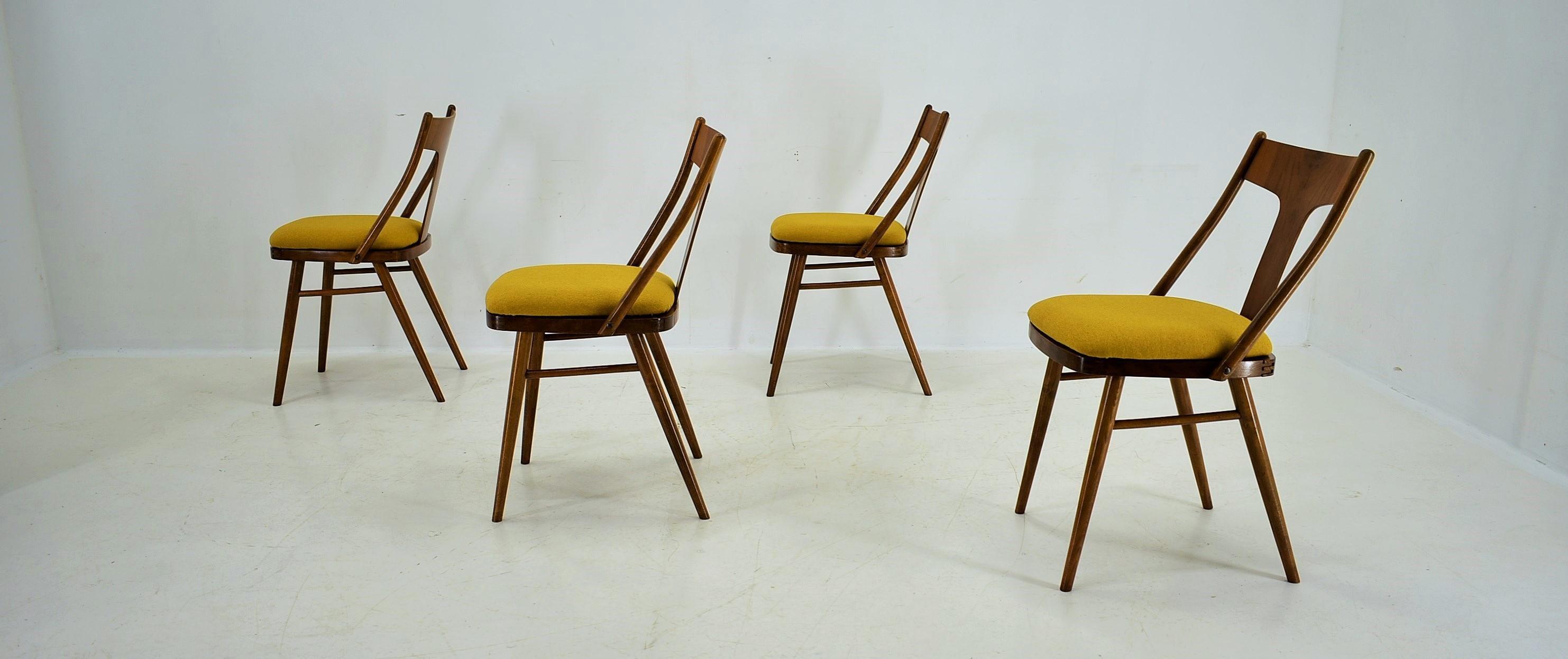Vintage Walnut & Yellow Fabric Chairs by Mier, Czech, 1960s, Set of 4 For Sale 3