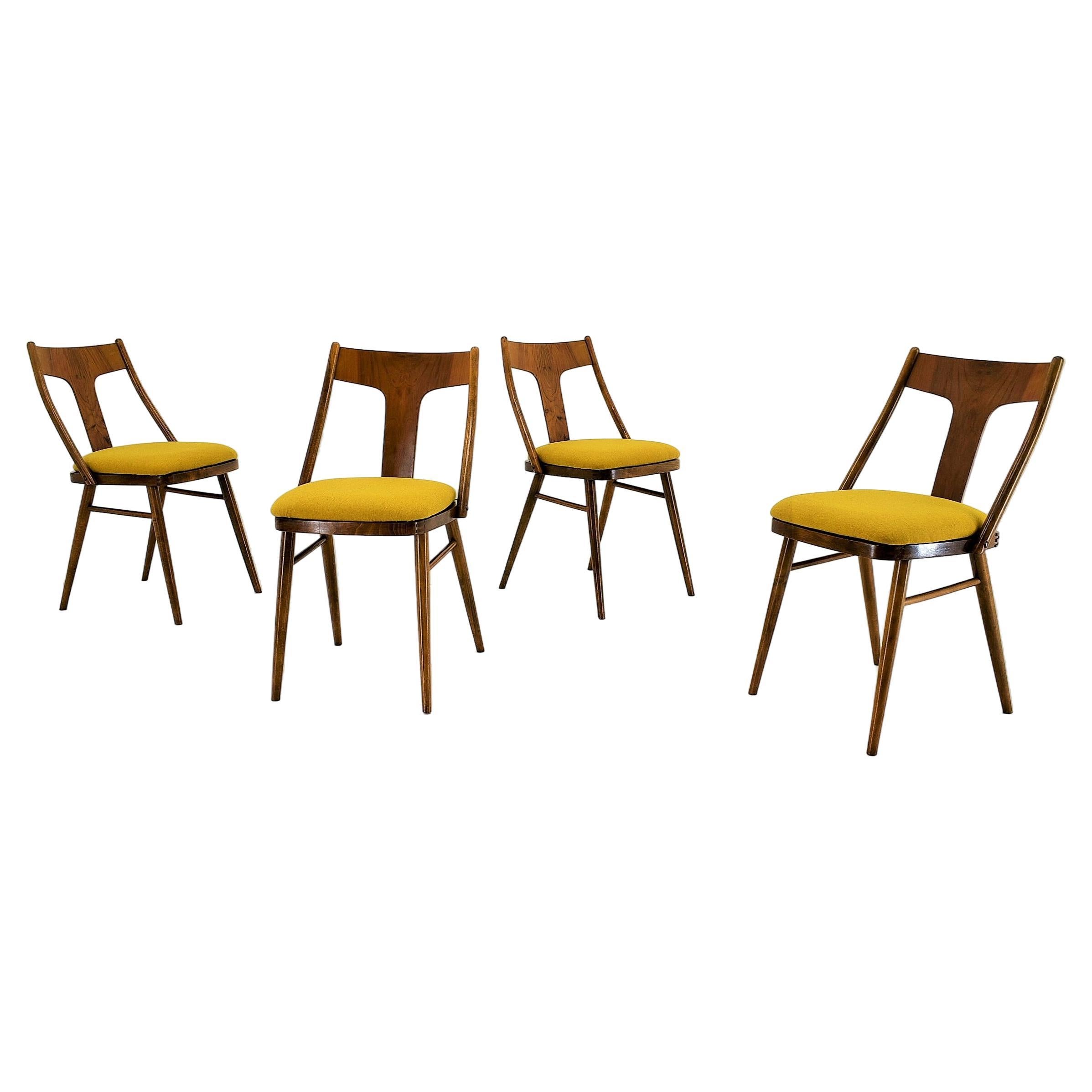 Vintage Walnut & Yellow Fabric Chairs by Mier, Czech, 1960s, Set of 4 For Sale