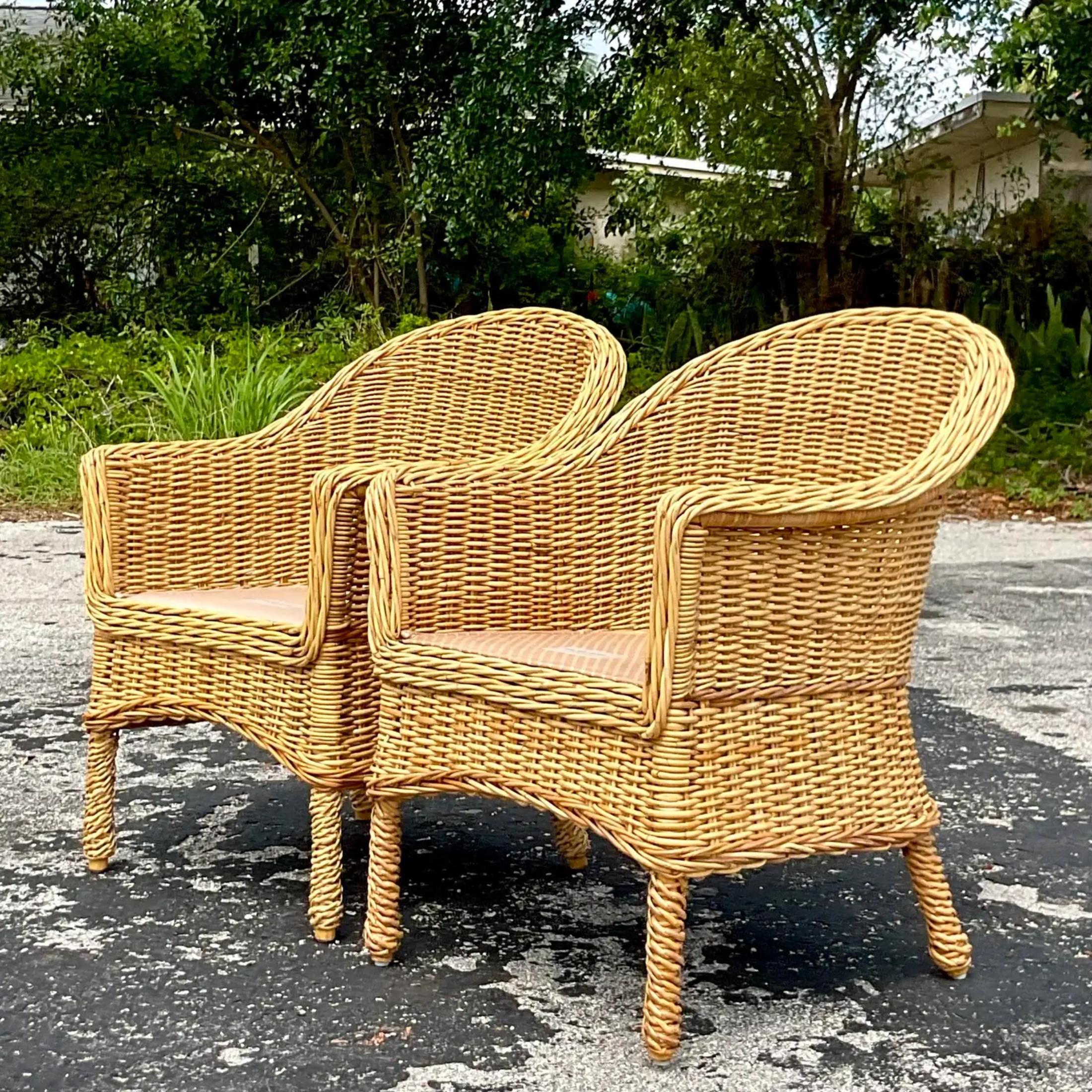 Bohemian Vintage Walters Wicker Woven Rattan Lounge Chair- a Pair For Sale