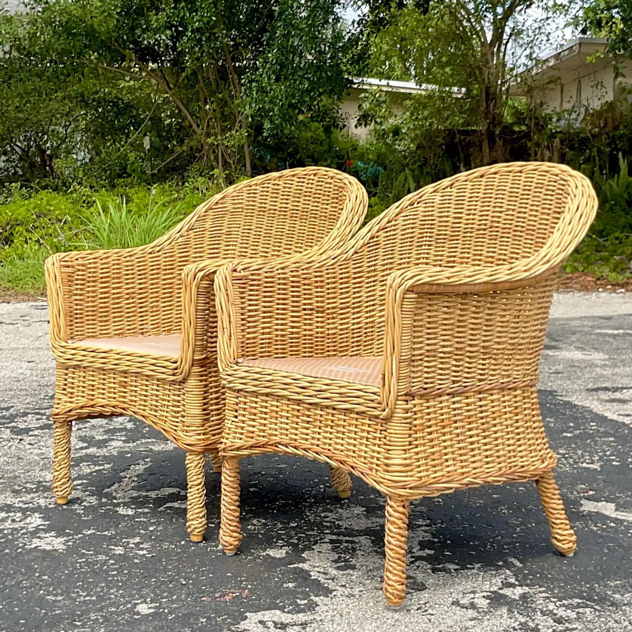 American Vintage Walters Wicker Woven Rattan Lounge Chair- a Pair For Sale