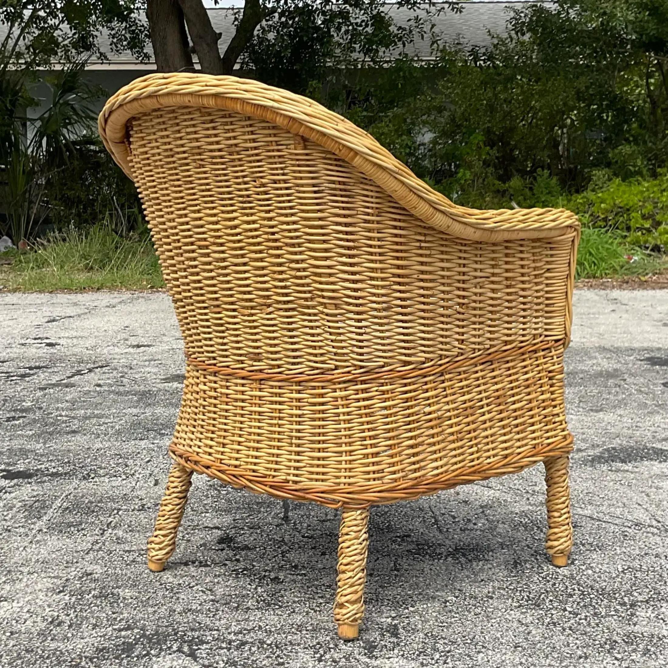 Vintage Walters Wicker Woven Rattan Lounge Chair- a Pair In Good Condition For Sale In west palm beach, FL