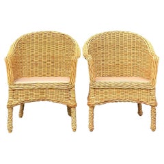 Retro Walters Wicker Woven Rattan Lounge Chair- a Pair