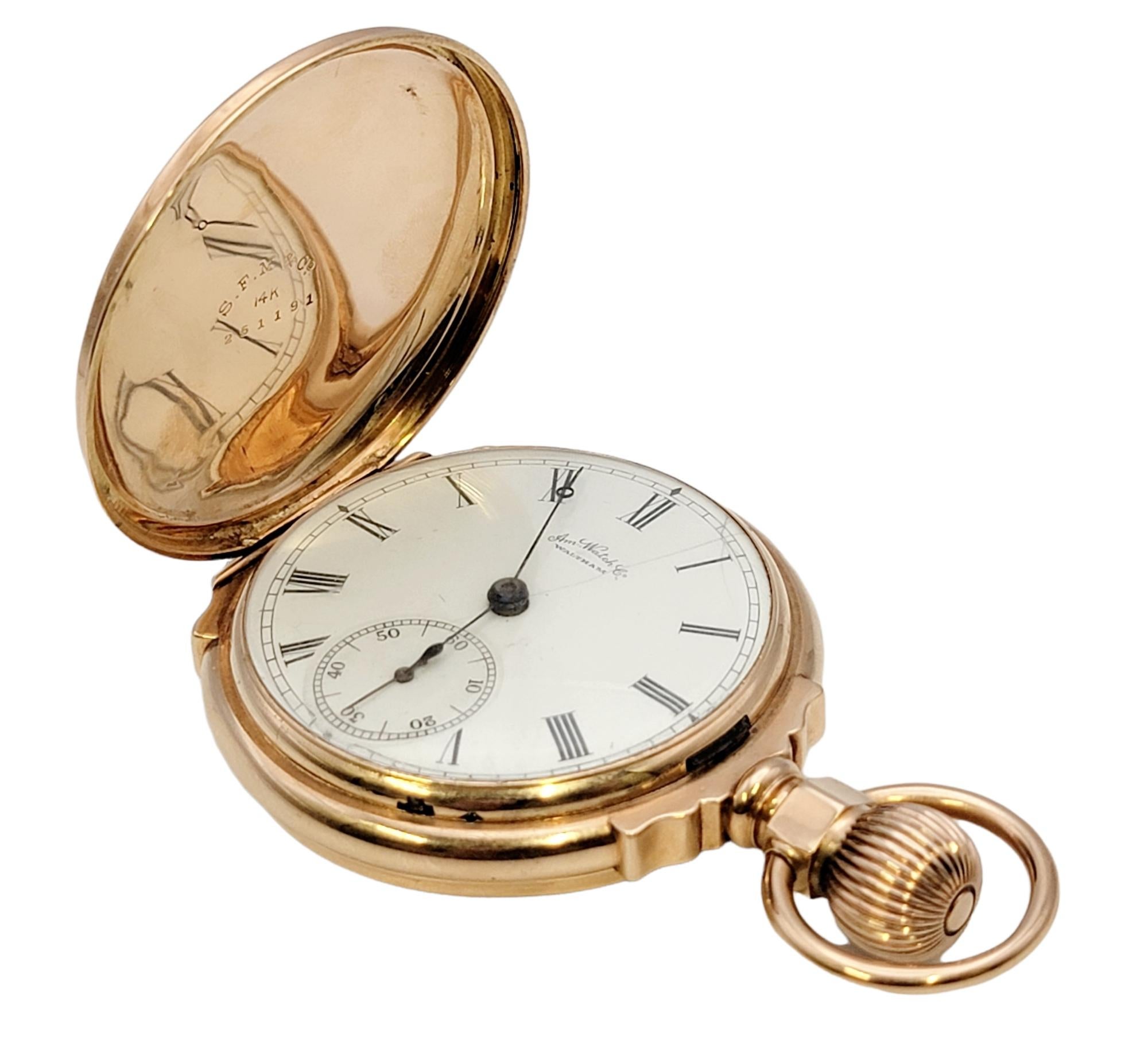 Vintage Waltham 14 Karat Rose Gold Pocket Watch with Hunter Case, Circa 1888 In Fair Condition For Sale In Scottsdale, AZ