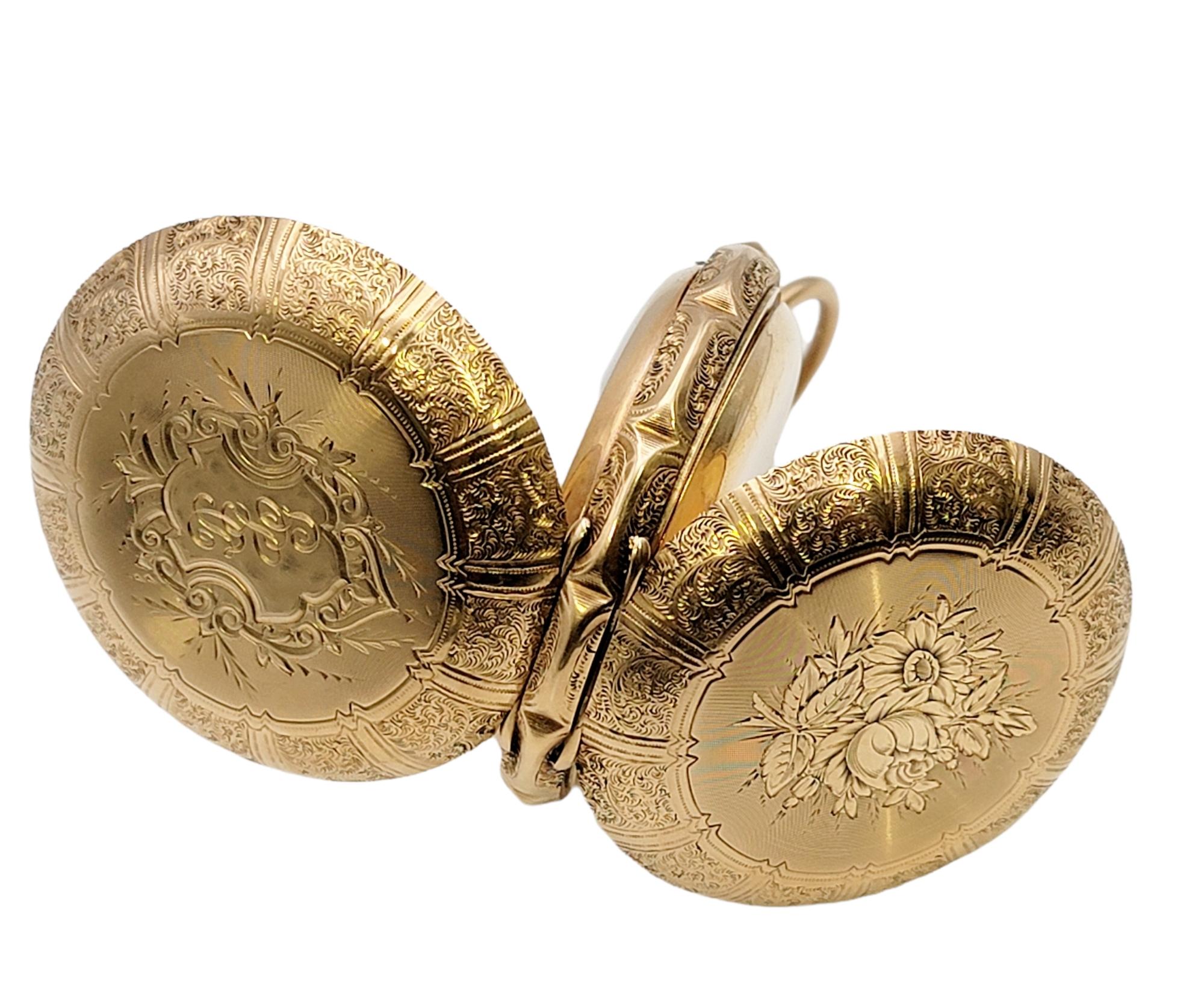 Vintage Waltham 14 Karat Yellow Gold Pocket Watch Circa 1888 Floral Engraving For Sale 3