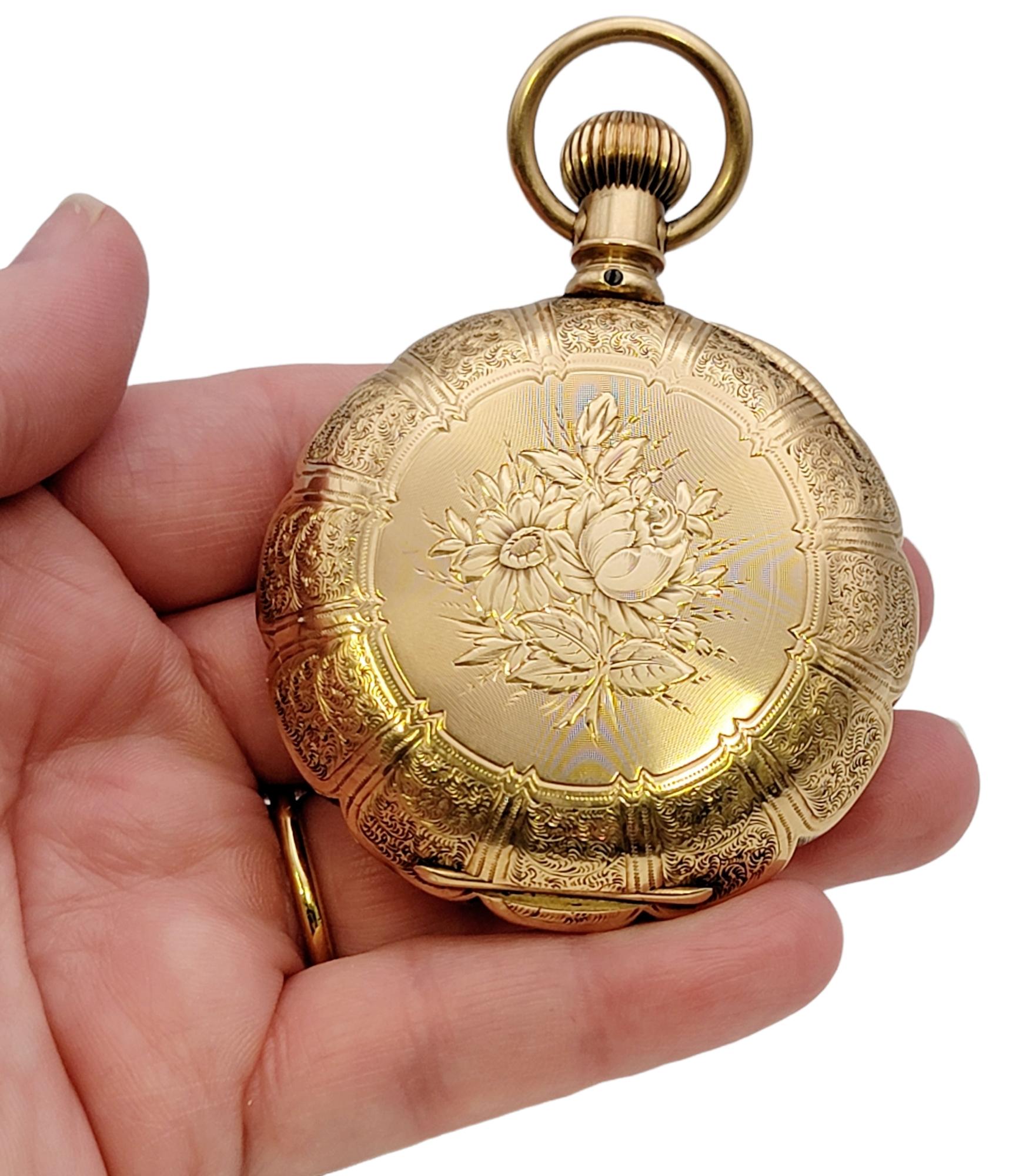 Vintage Waltham 14 Karat Yellow Gold Pocket Watch Circa 1888 Floral Engraving For Sale 5