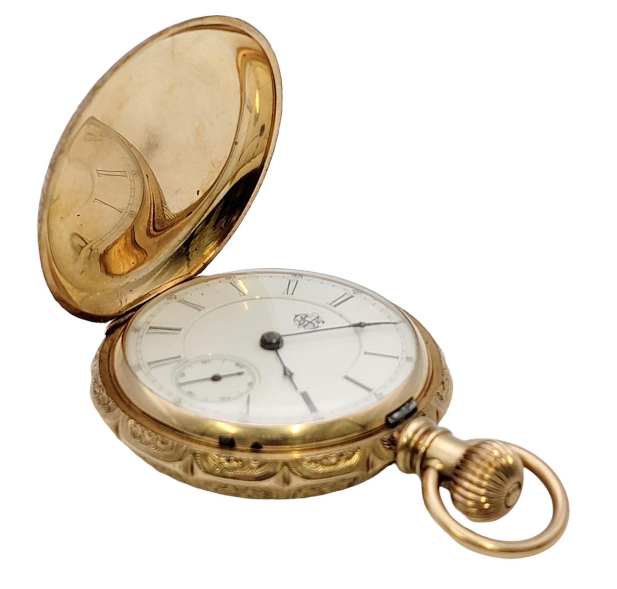 Vintage Waltham 14 Karat Yellow Gold Pocket Watch Circa 1888 Floral Engraving In Fair Condition For Sale In Scottsdale, AZ