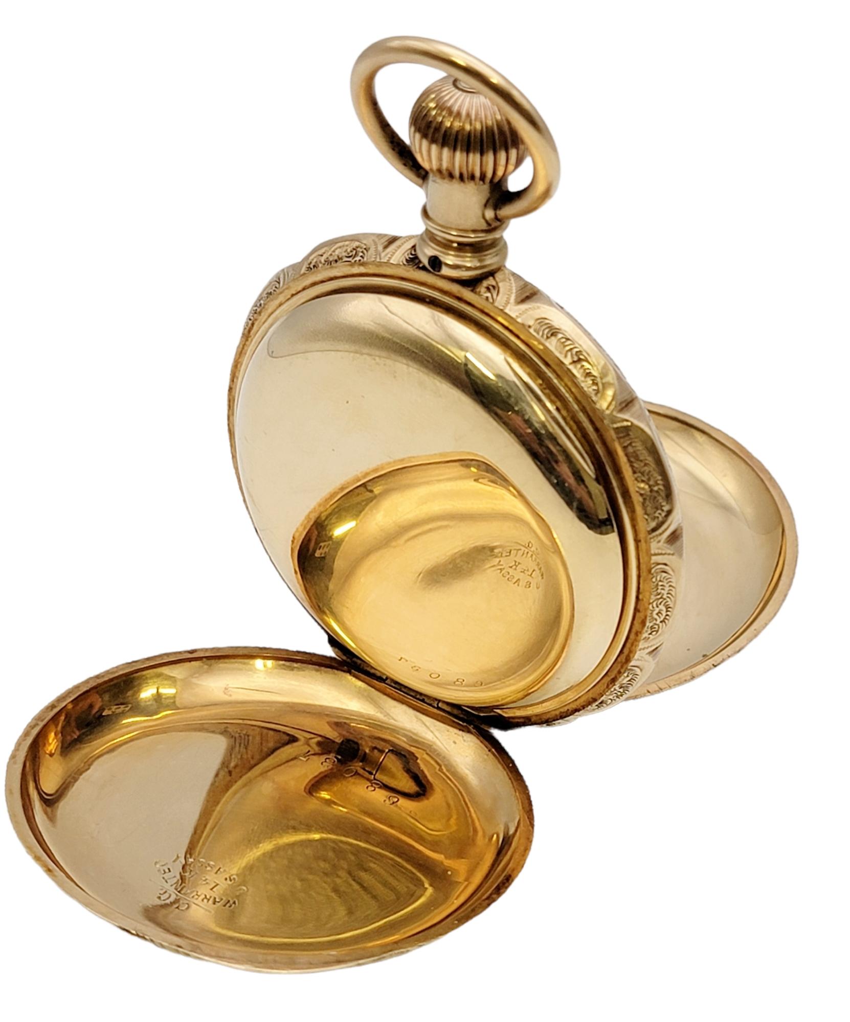 Vintage Waltham 14 Karat Yellow Gold Pocket Watch Circa 1888 Floral Engraving For Sale 2