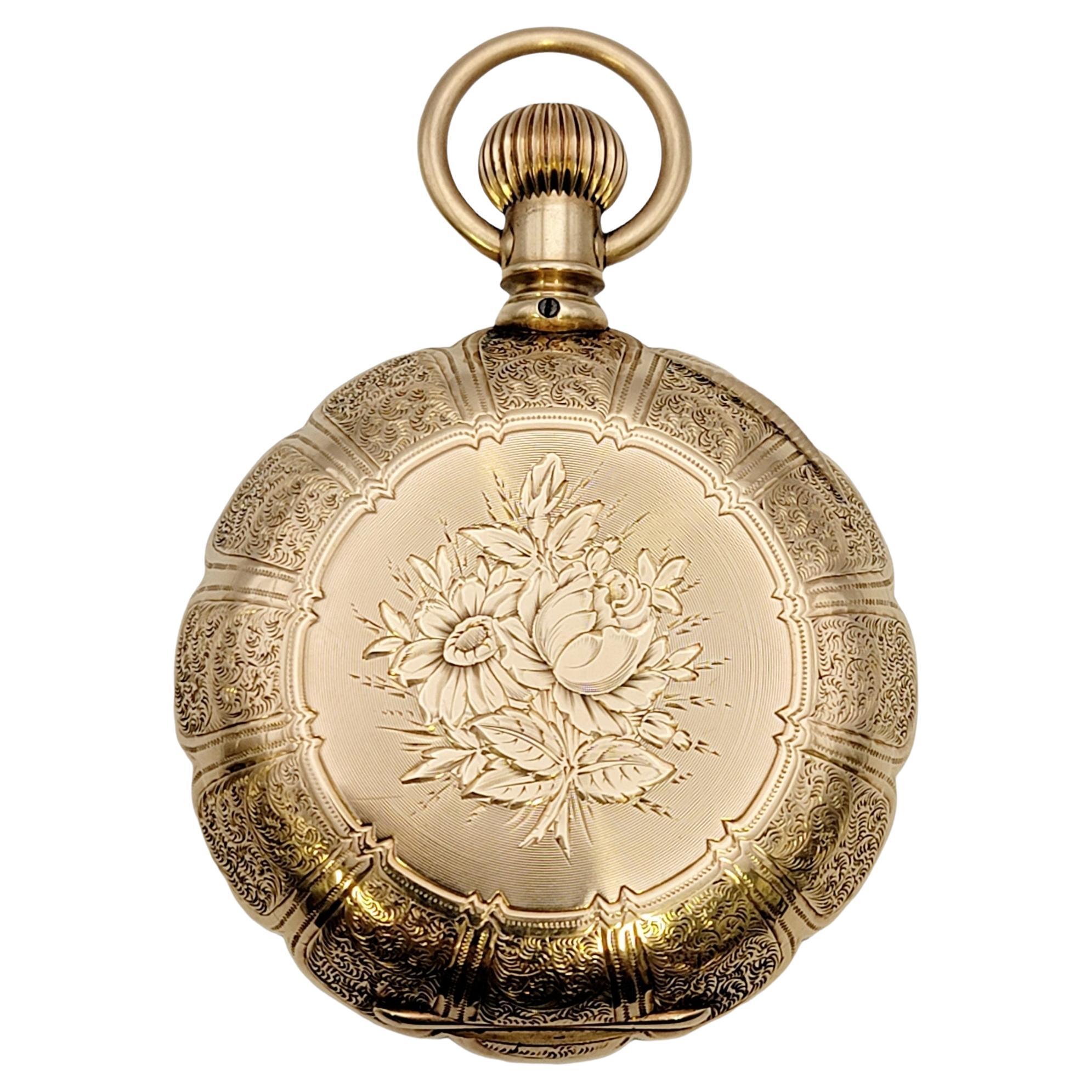 Vintage Waltham 14 Karat Yellow Gold Pocket Watch Circa 1888 Floral Engraving en vente