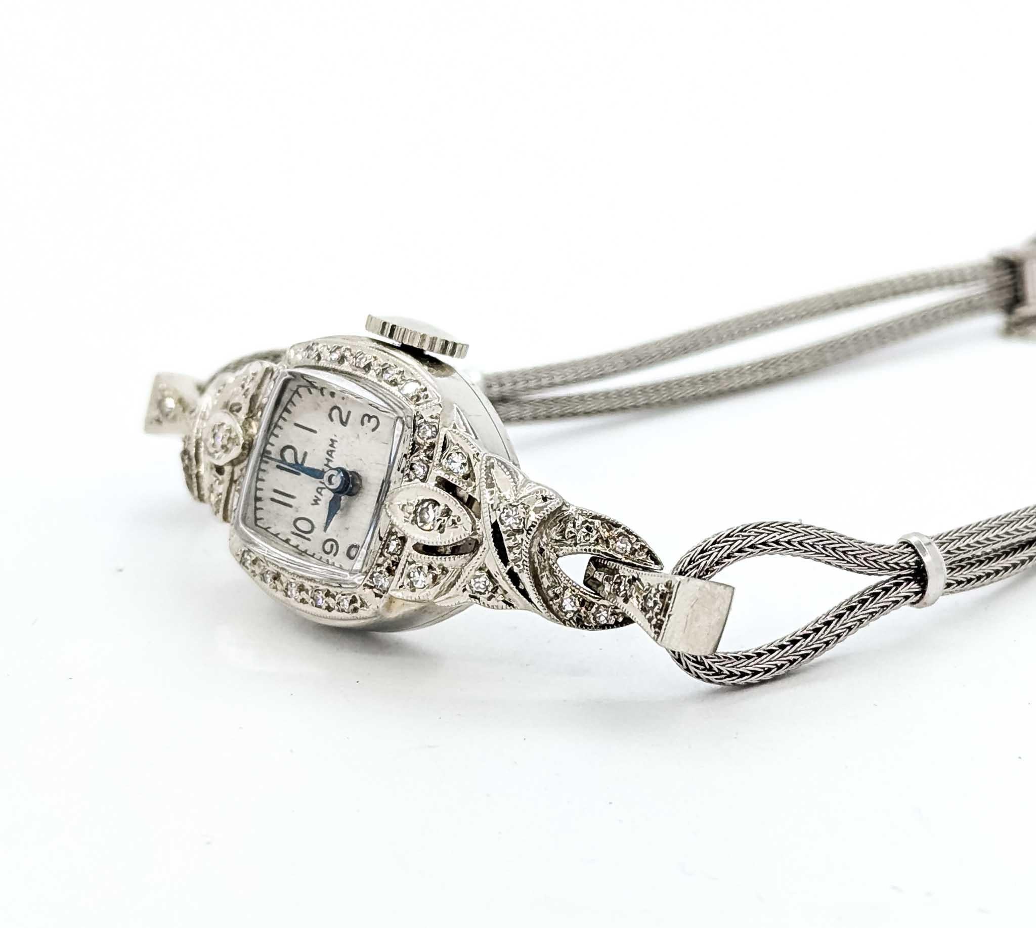 Art Deco Vintage Waltham 14k White Gold Diamond Accent Wind-Up Wristwatch For Sale