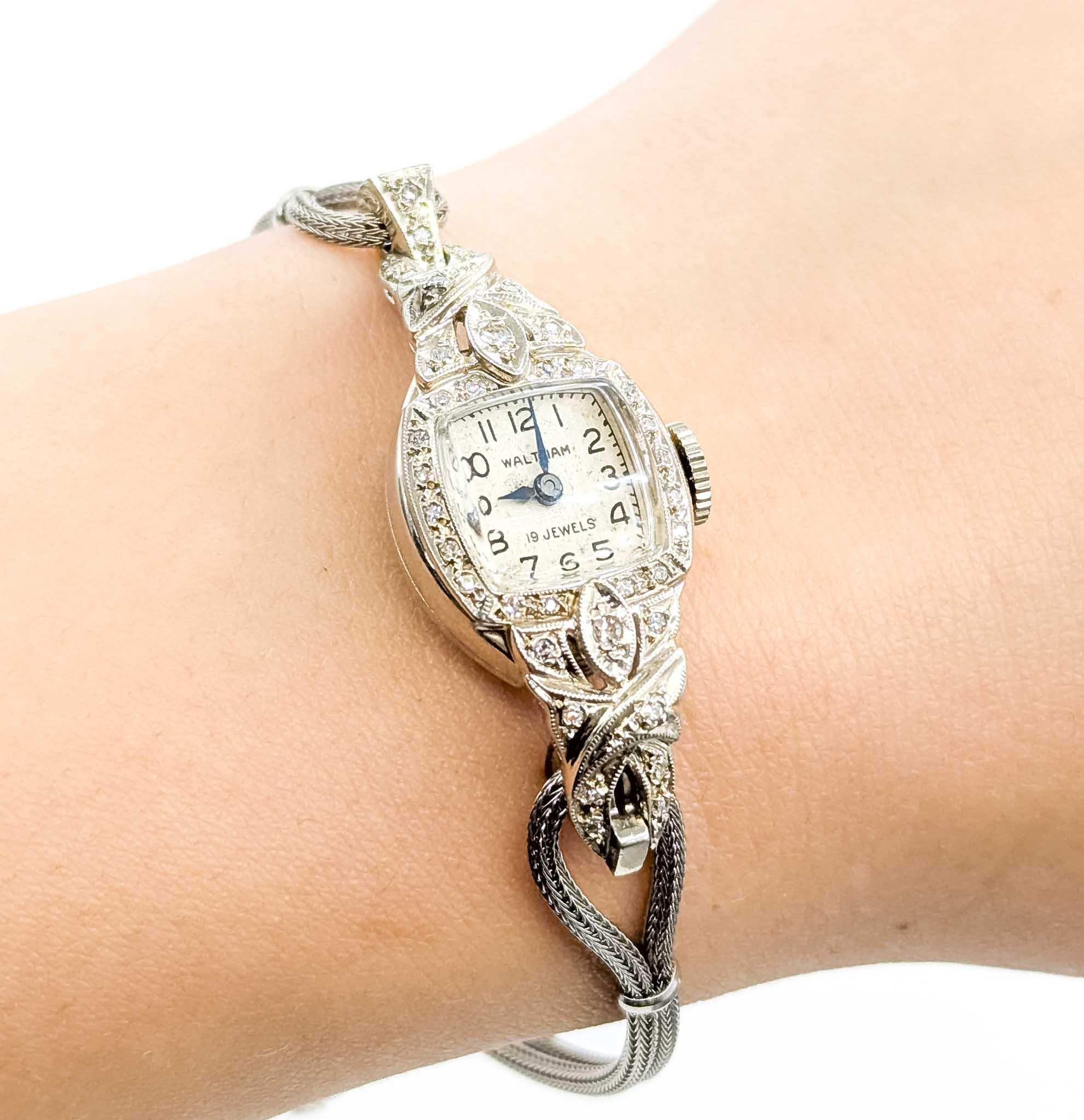 Single Cut Vintage Waltham 14k White Gold Diamond Accent Wind-Up Wristwatch For Sale