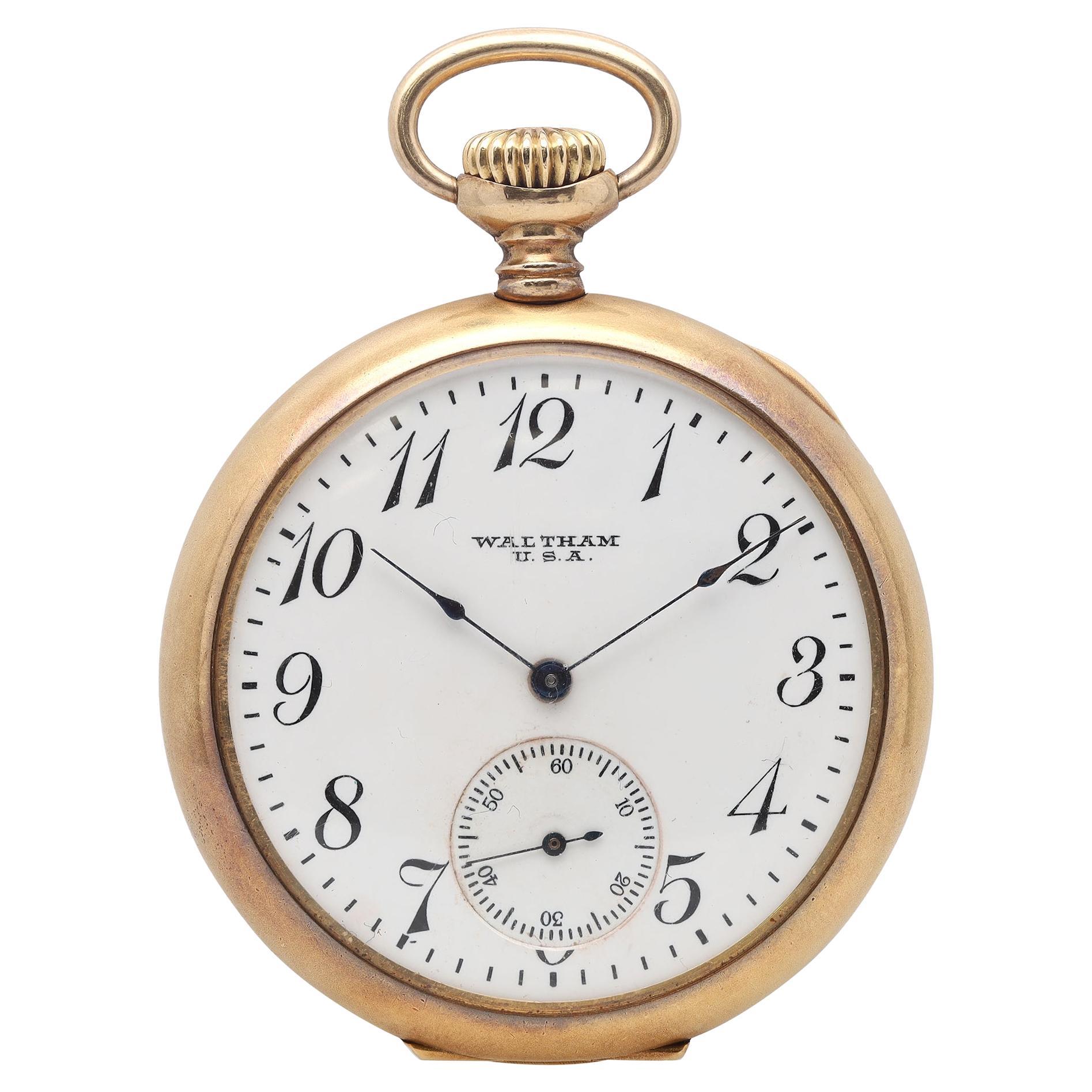 Vintage Waltham Antique 45mm 18k Gold White Dial Hand Wound Pocket Watch 976053 For Sale