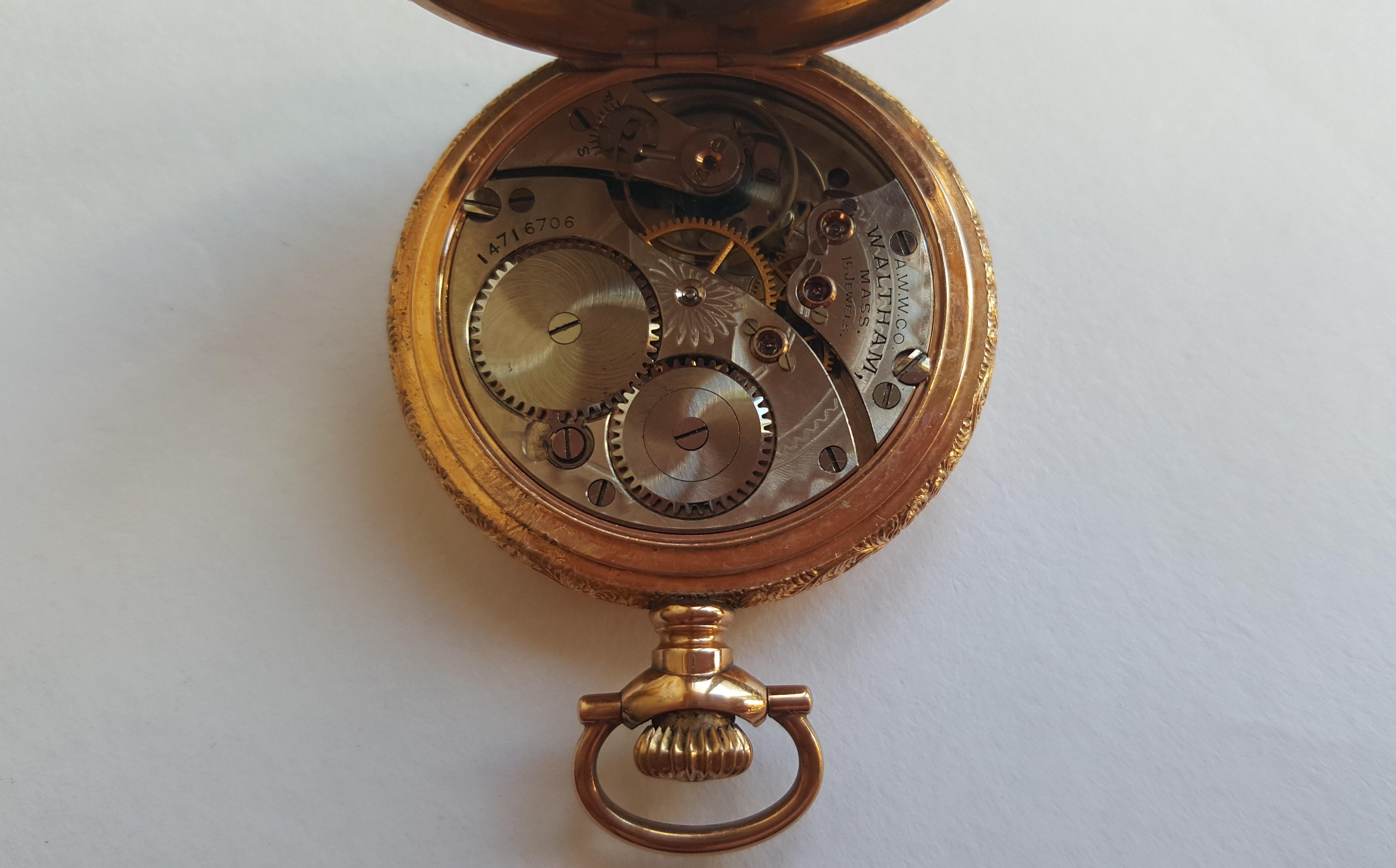 Vintage Waltham Pocket Watch, Gold Filled, Working, Pristine, 1907, 15 Jewel In Good Condition In Rancho Santa Fe, CA