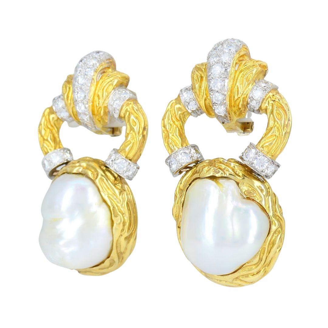 Vintage Wander 18k zweifarbiges Gold Diamant Perlen Clip Ohrringe (Brillantschliff) im Angebot
