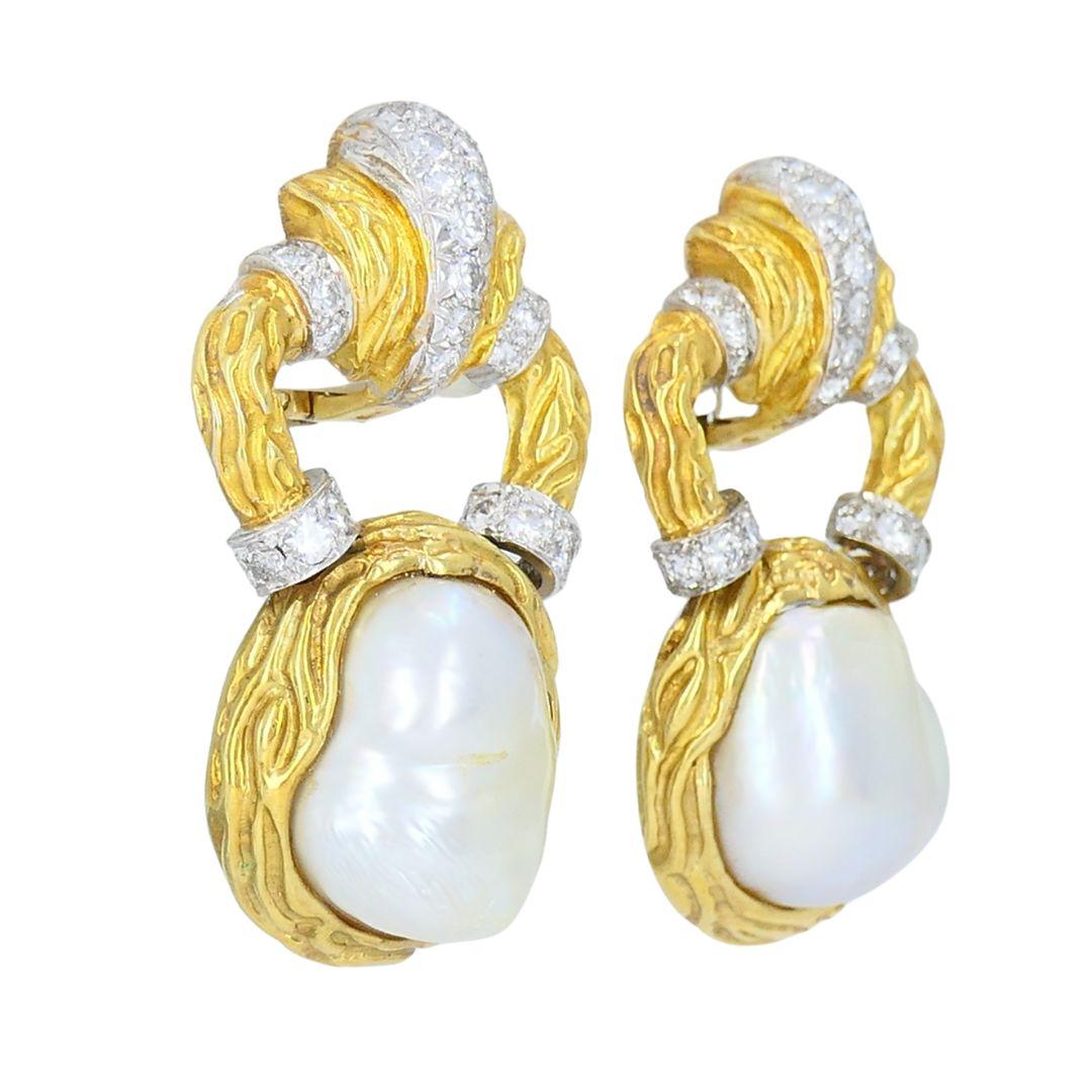Vintage Wander 18k zweifarbiges Gold Diamant Perlen Clip Ohrringe im Zustand „Gut“ im Angebot in Beverly Hills, CA
