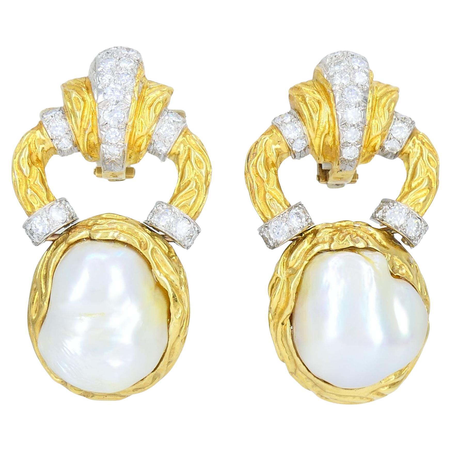 Boucles d'oreilles clip vintage Wander en or bicolore 18k avec diamants et perles