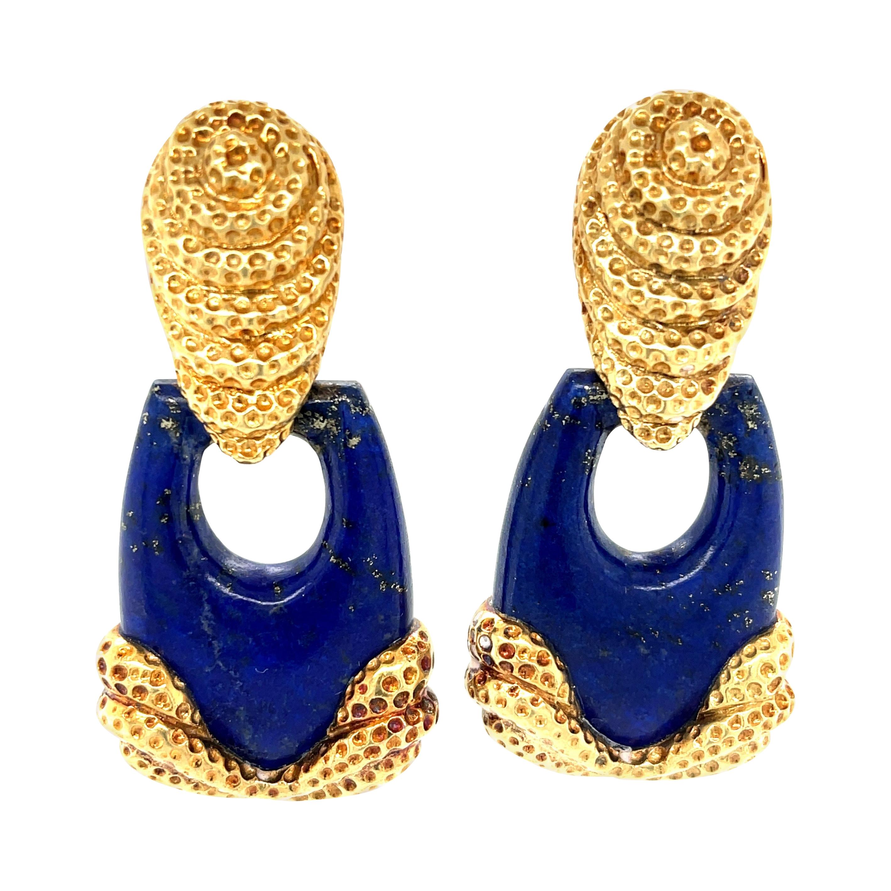 Vintage Wander Lapis 18 Karat Gold Doorknocker Earrings
