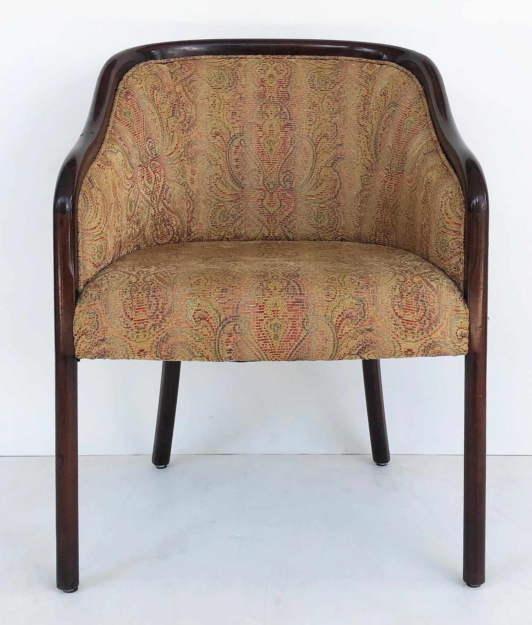 Vintage Ward Bennett brickell barrel back chairs, upholstered pair

Offered for sale is a pair of Ward Bennett Brickell upholstered barrel back chairs. The pair has conical back splayed legs and the original upholstery which is still in very good