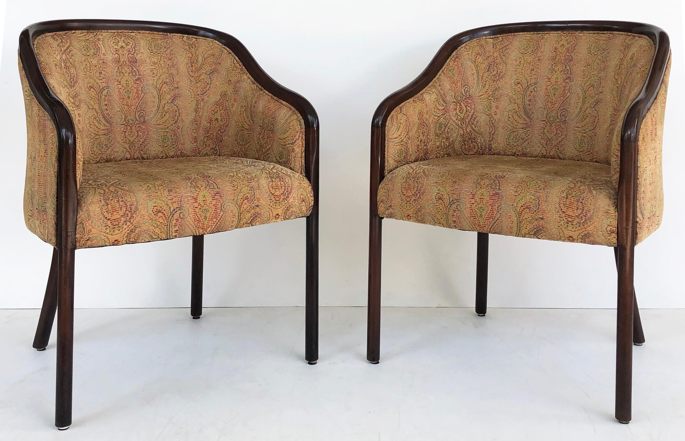 American Vintage Ward Bennett Brickell Barrel Back Chairs, Upholstered Pair
