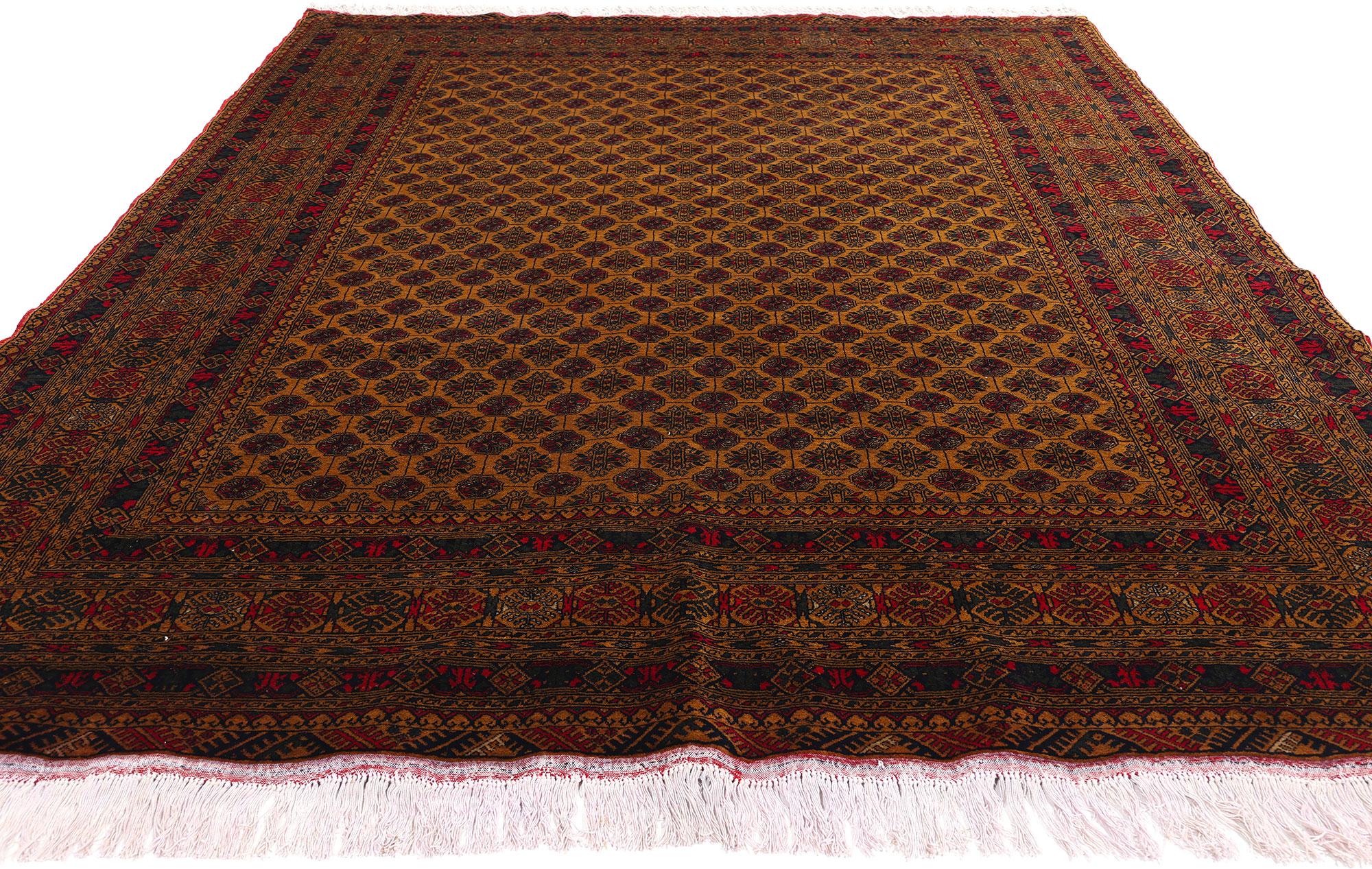 Moderno Vintage Warm Earth-Tone Afghan Turkoman Wool Area Rug, 06'05 x 09'06 in vendita